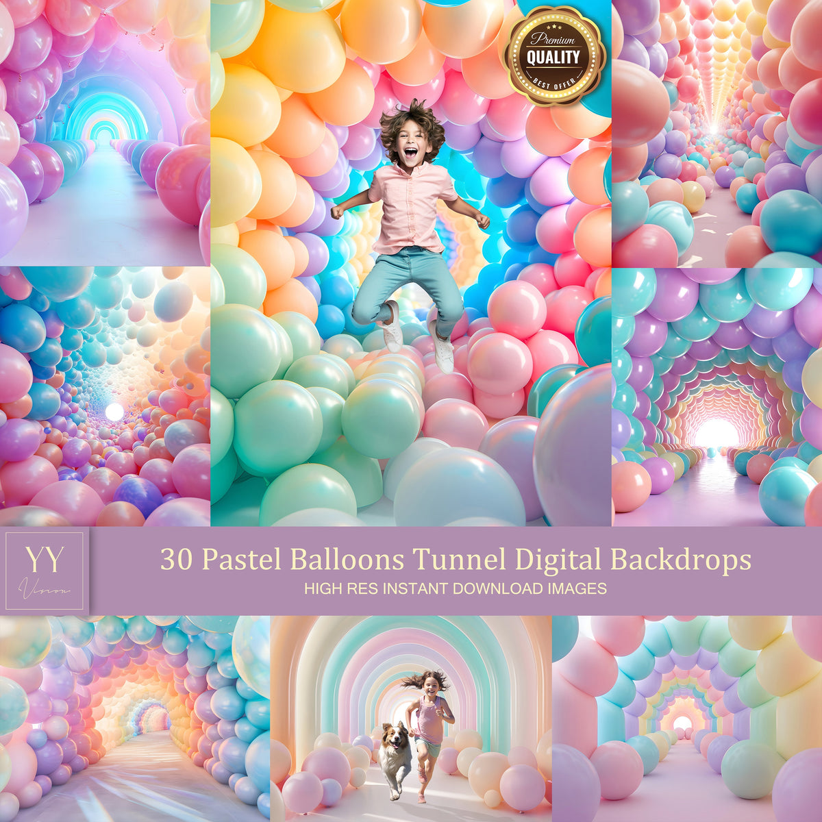 30 Pastel Balloons Tunnel Digital Backdrops Sets for Kids Photography Fine Arts Studio Photoshop Background