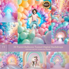 30 Pastel Balloons Tunnel Digital Backdrops Sets for Kids Photography Fine Arts Studio Photoshop Background