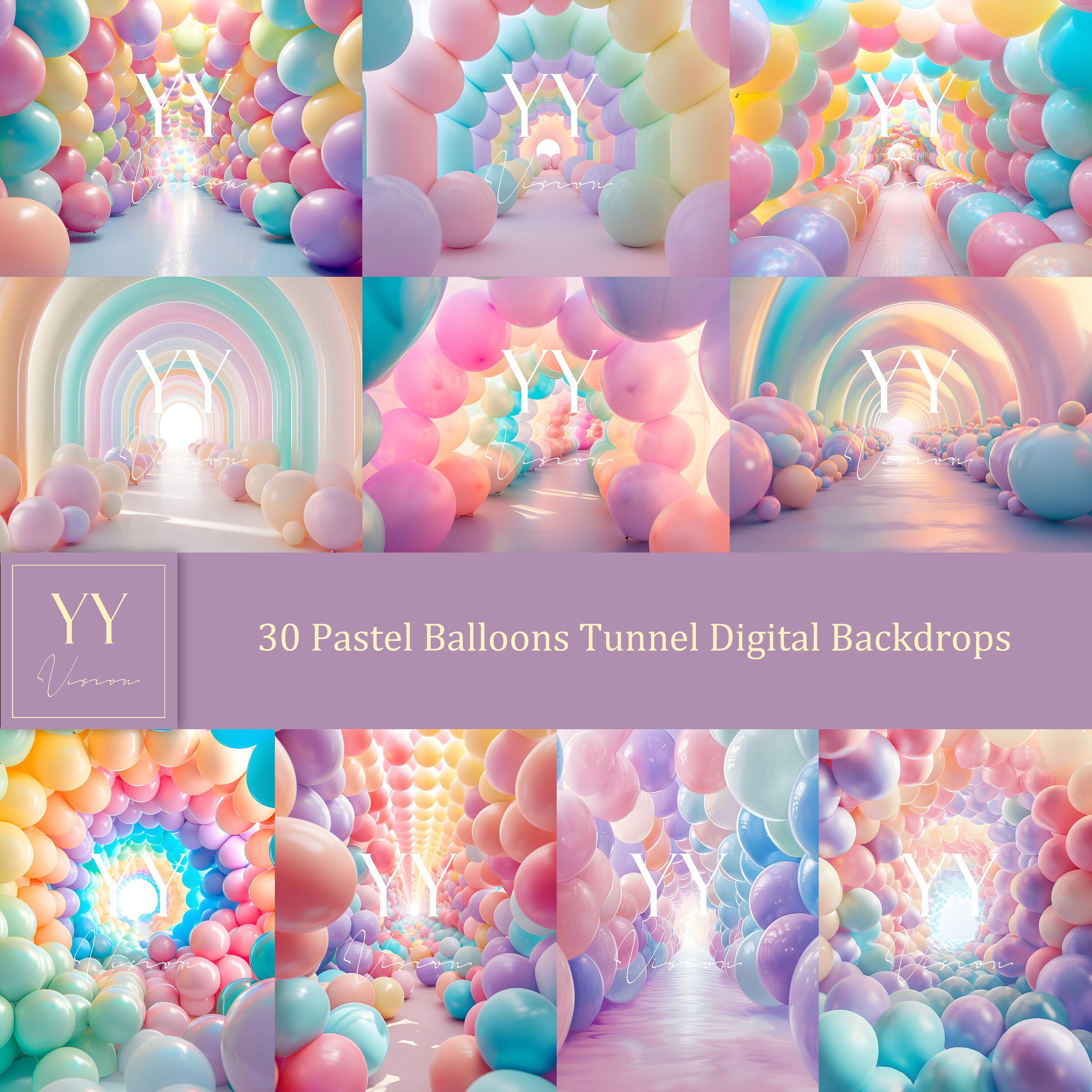 30 Pastel Balloons Tunnel Digital Backdrops Sets for Kids Photography Fine Arts Studio Photoshop Background