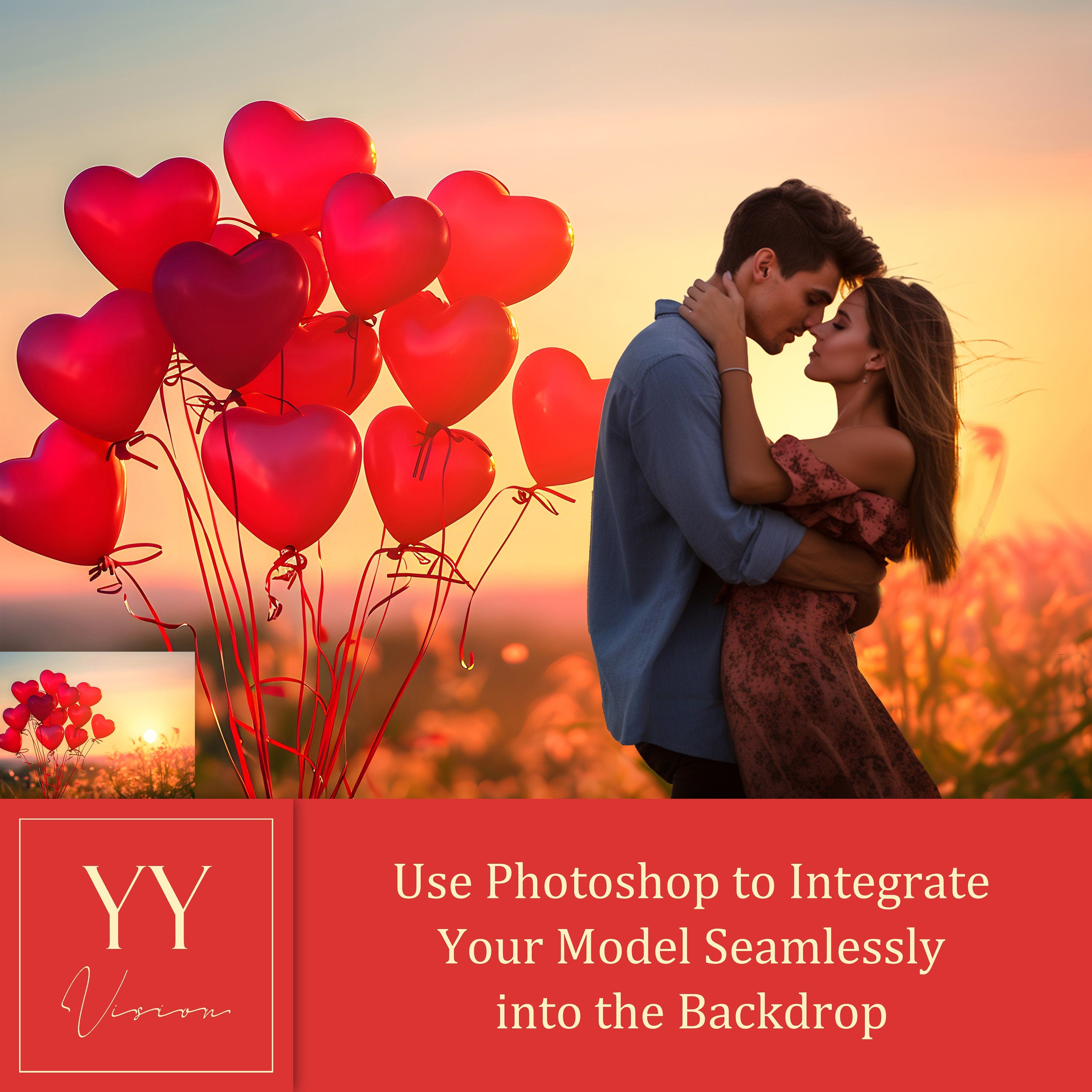 30 Valentinstag Sonnenuntergang Herz Luftballons digitale Hintergründe Sets für Valentinstag Geschenk Fotografie Fine Arts Studio Photoshop Hintergrund