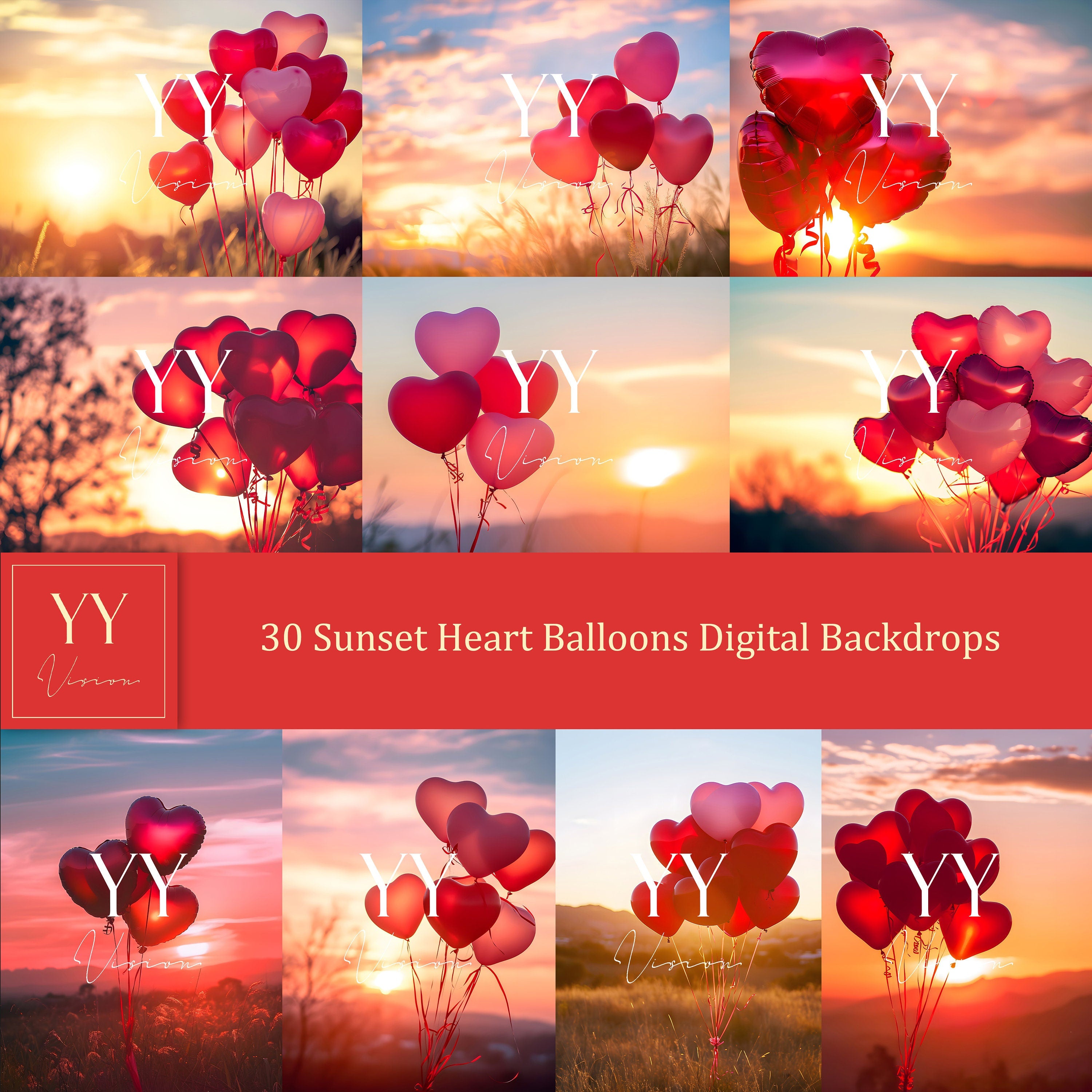 30 Valentine Sunset Heart Balloons Digital Backdrops Sets for Valentine Day Gift Photography Fine Arts Studio photoshop Background