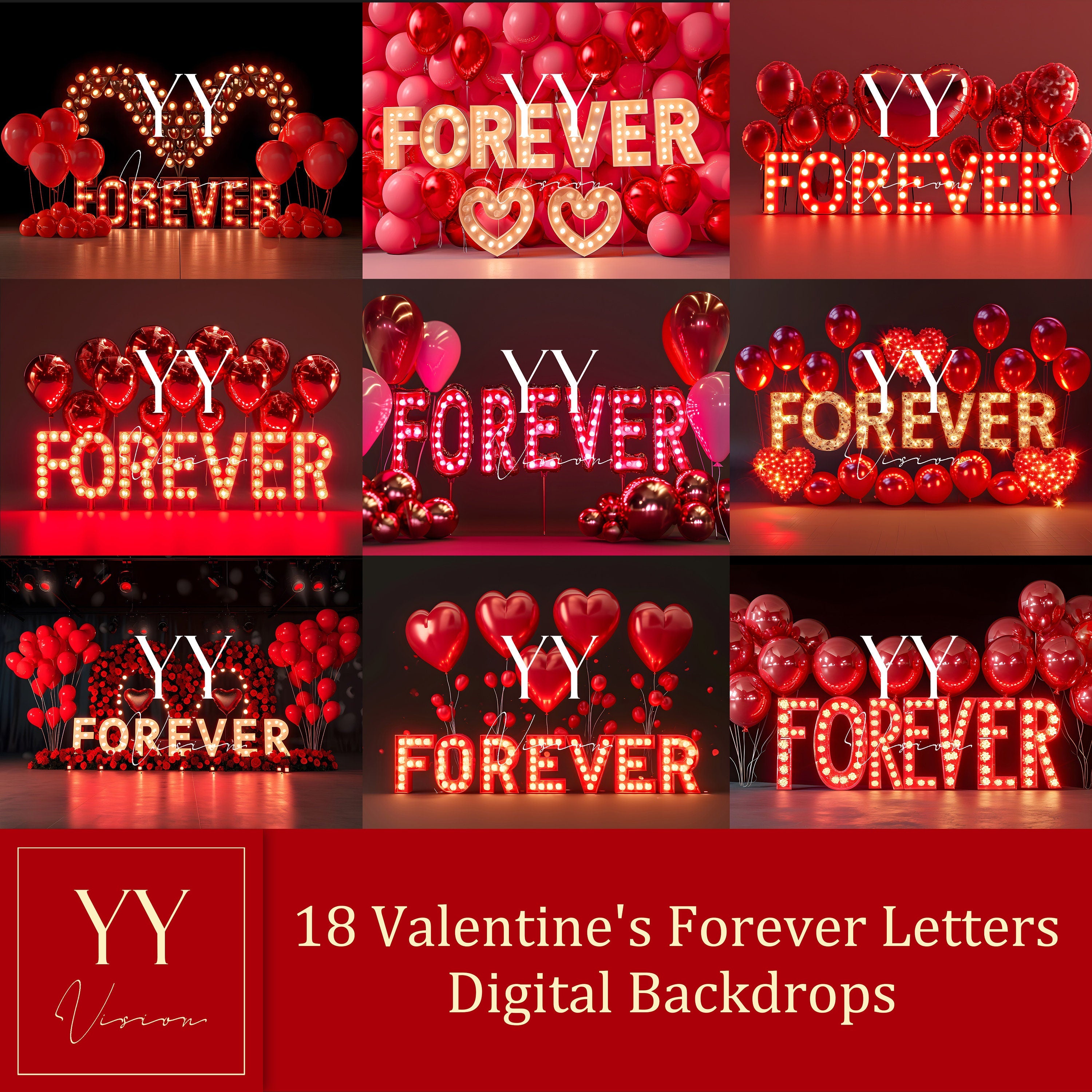 18 ensembles de décors numériques Forever Letters pour la photographie de cadeaux de Saint-Valentin, arrière-plan Photoshop pour studio de beaux-arts