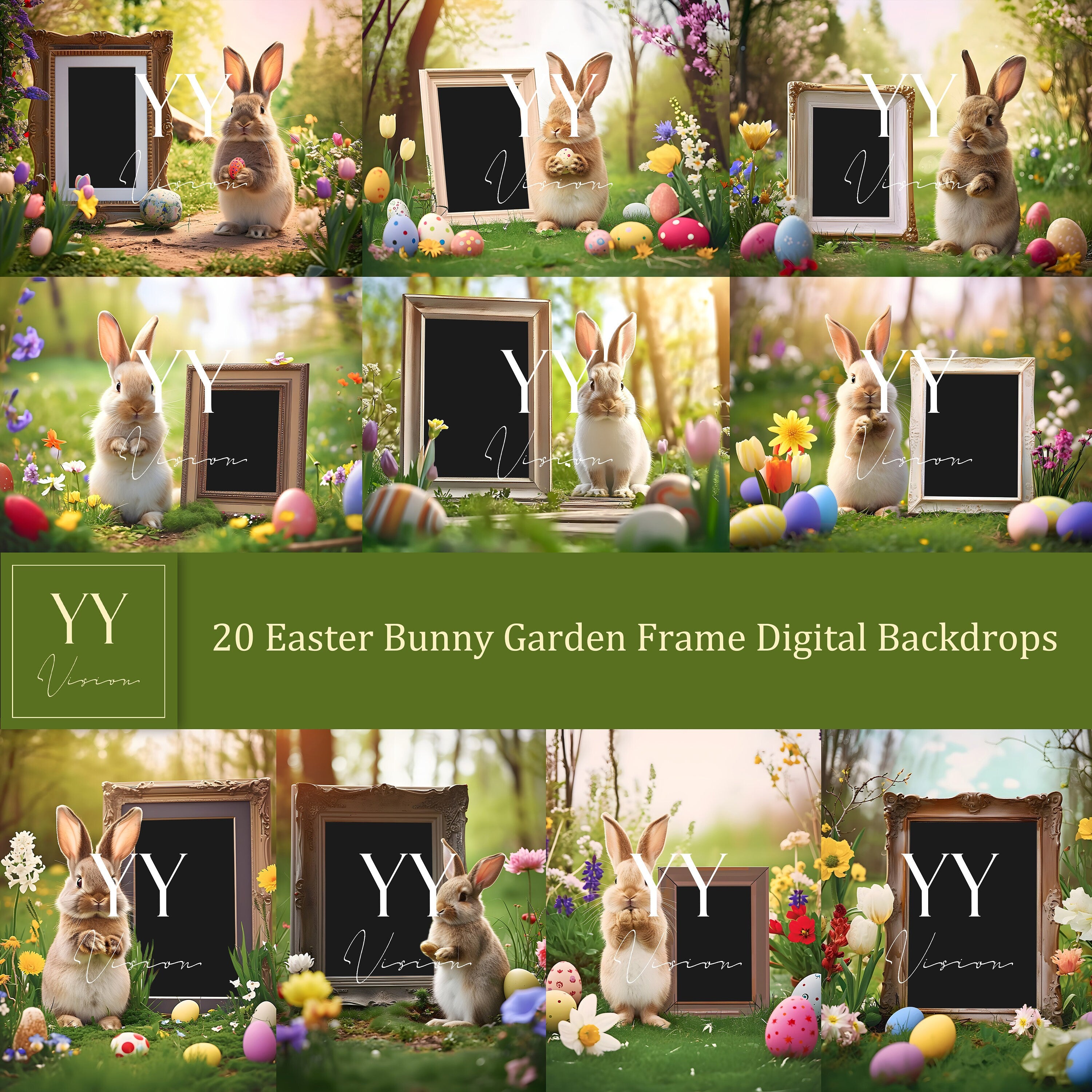 20 ensembles de décors numériques de cadre de jardin de lapin de Pâques pour cadeau de Pâques, photographie de famille d'enfants, arrière-plan des beaux-arts