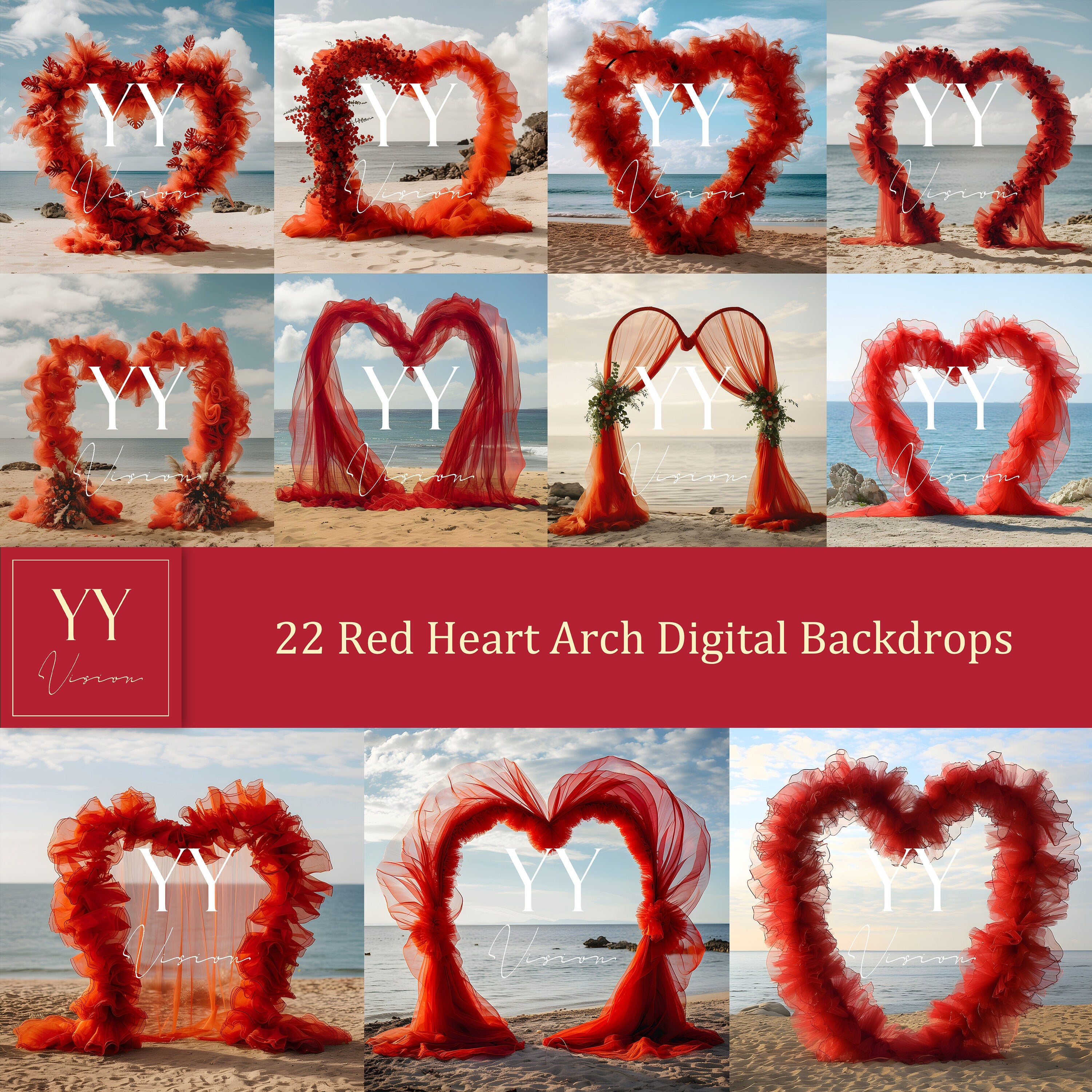 22 Red Tulle Heart Arch Digital Backdrops Sets for Wedding Maternity Studio Photography Digital Backdrops Photoshop Fine Art Background