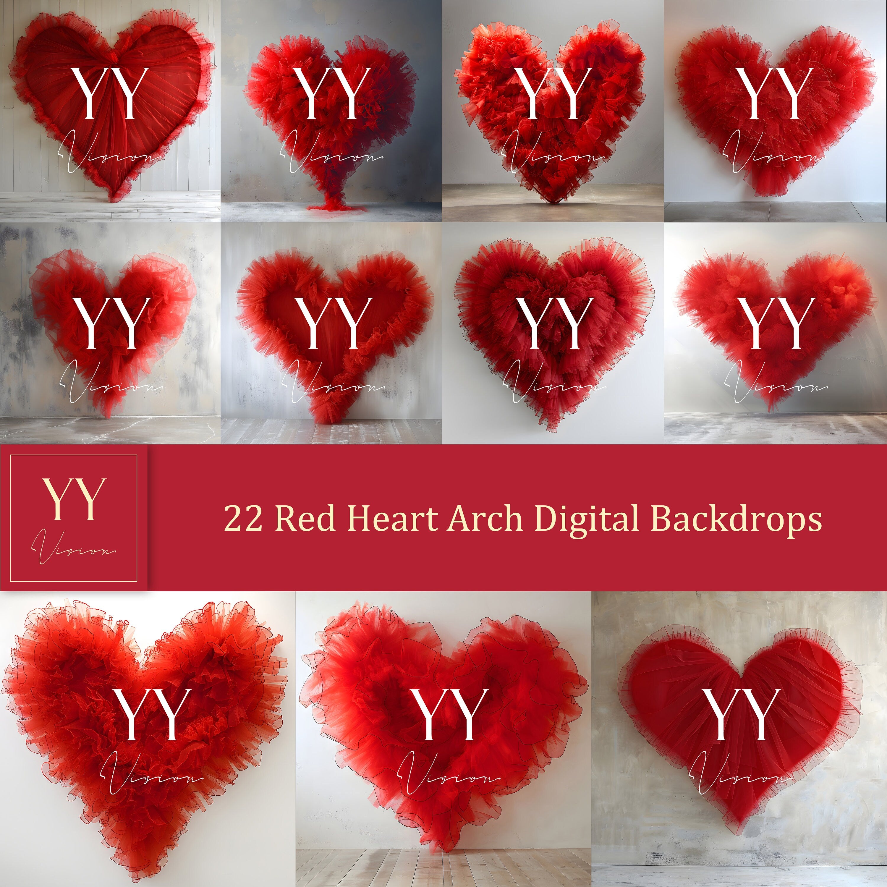 22 Red Tulle Heart Arch Digital Backdrops Sets for Wedding Maternity Studio Photography Digital Backdrops Photoshop Fine Art Background