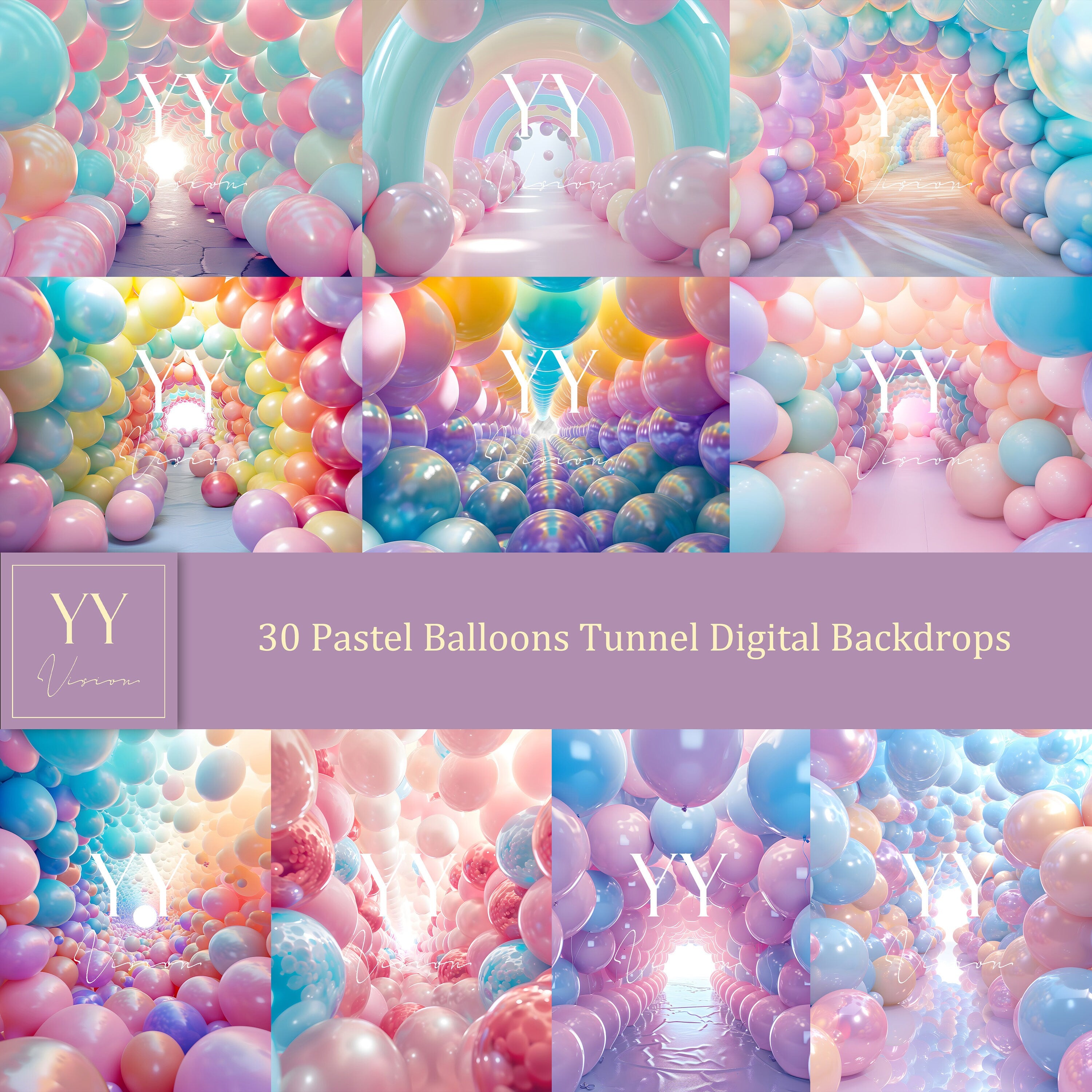 30 Pastel Balloons Tunnel Digital Backdrops Sets for Kids Photography Fine Arts Studio Photoshop Background