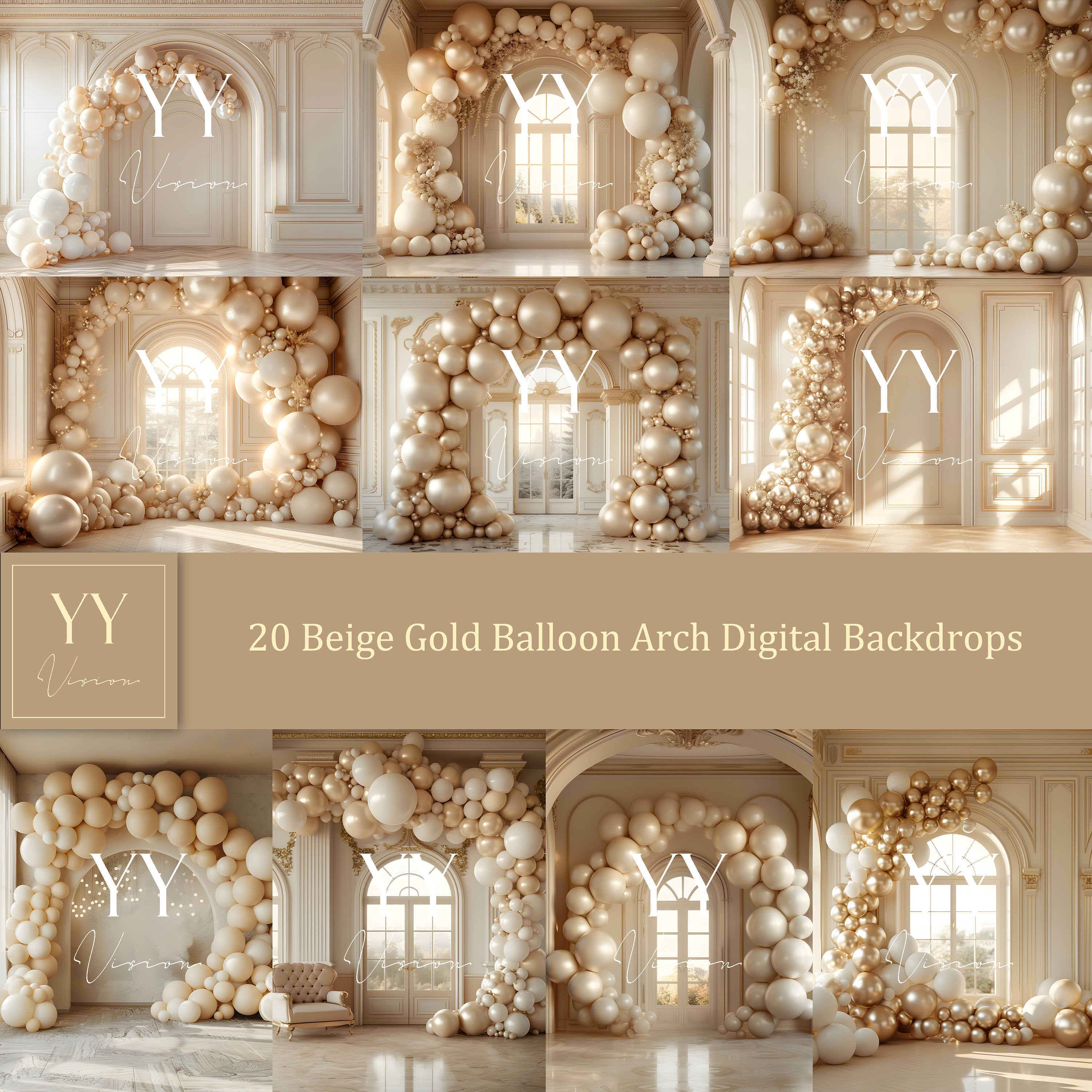 20 Beige Gold Ballon Bogen digitale Hintergründe Sets für Hochzeit Schwangerschaft Fotografie Fine Arts Studio Photoshop Hintergrund