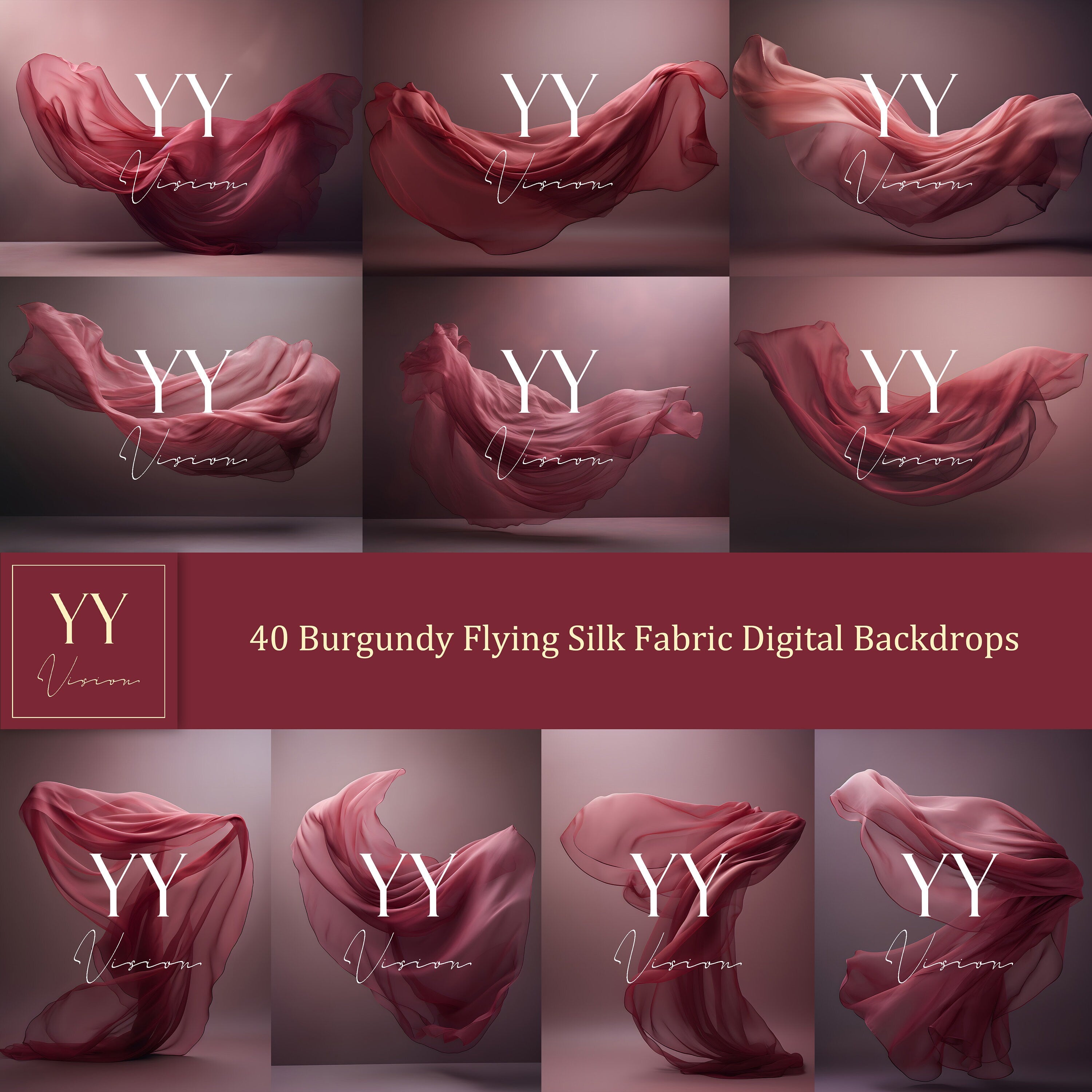 40 Burgundy Flying Silk Fabric Digital Backdrops Sets for Maternity Photography Fine Arts Studio Photoshop Background