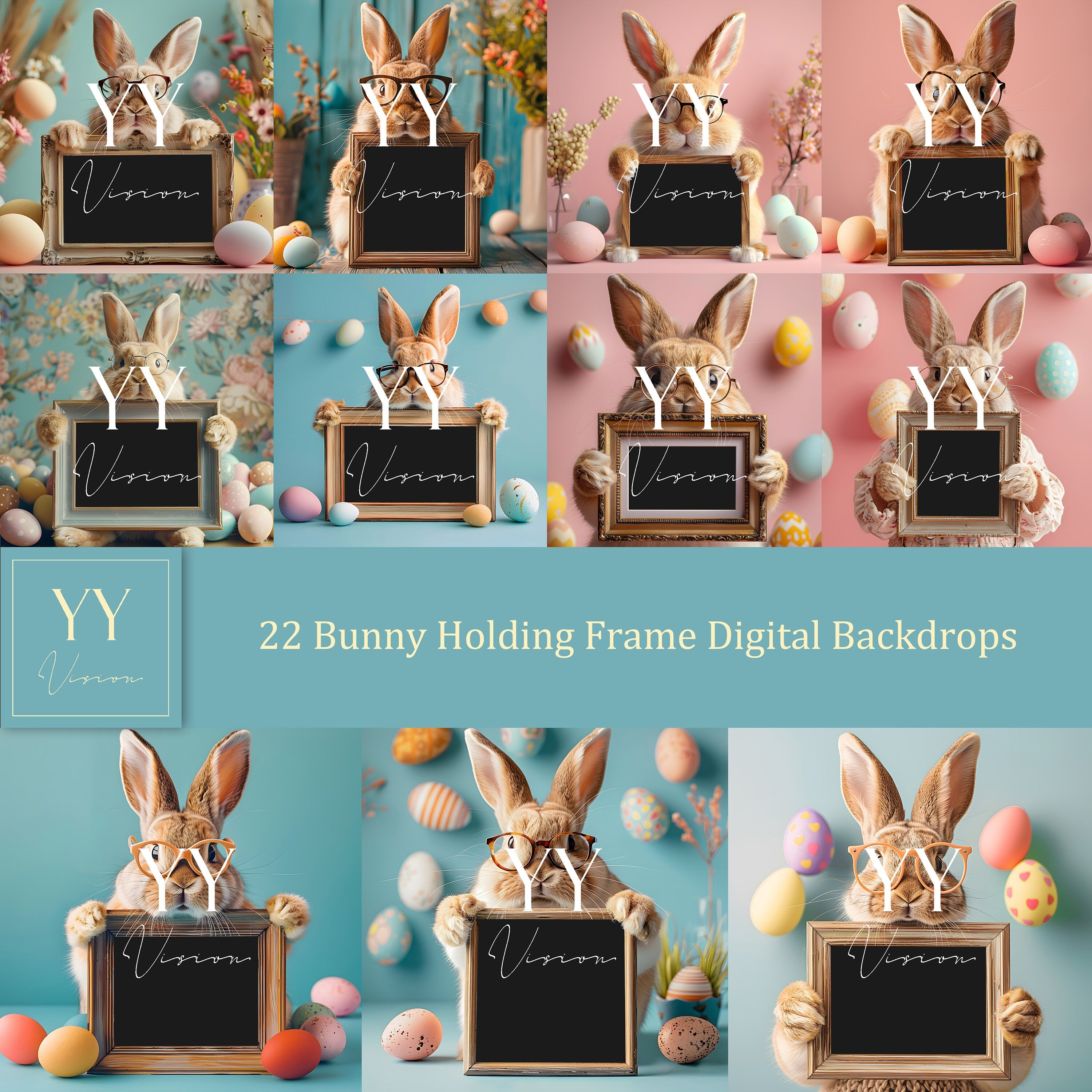 22 Bunny Wearing Glasses Holding Frame Digital Backdrops Sets for Easter Gift Family Kid Photography Fine Arts Background