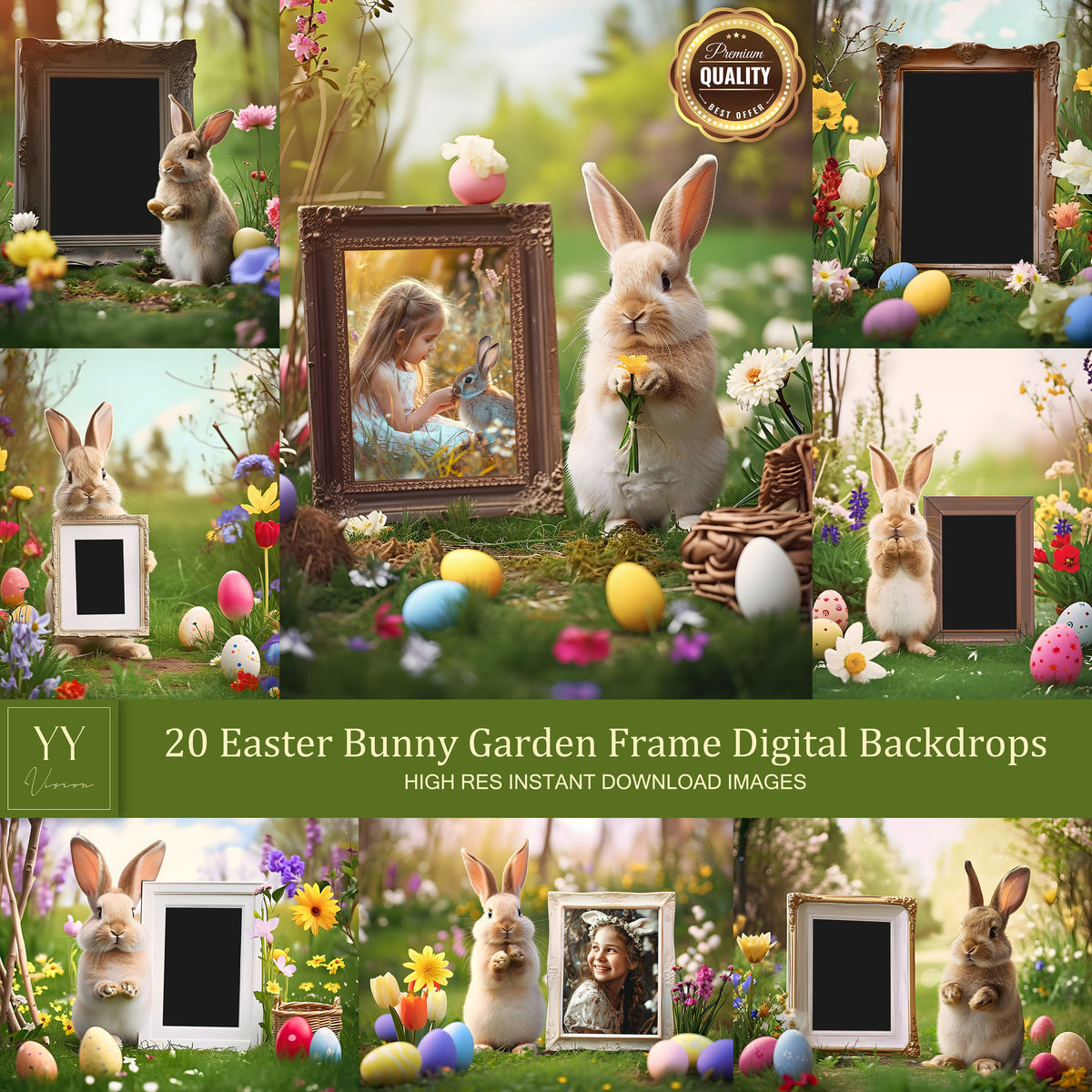 20 Easter Bunny Garden Frame Digital Backdrops Sets for Easter Gift Family kid Photography Fine Arts Background