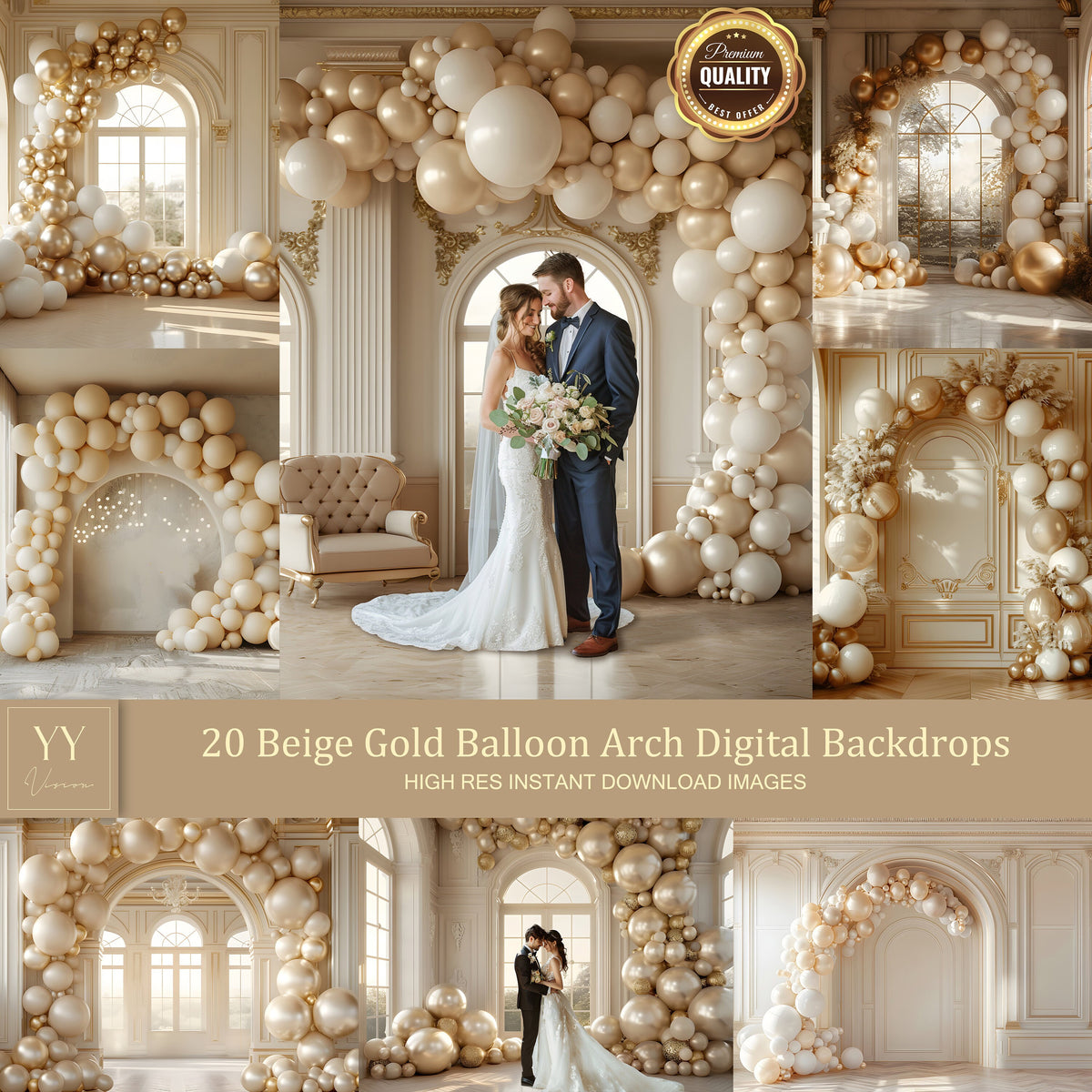 20 Beige Gold Ballon Bogen digitale Hintergründe Sets für Hochzeit Schwangerschaft Fotografie Fine Arts Studio Photoshop Hintergrund