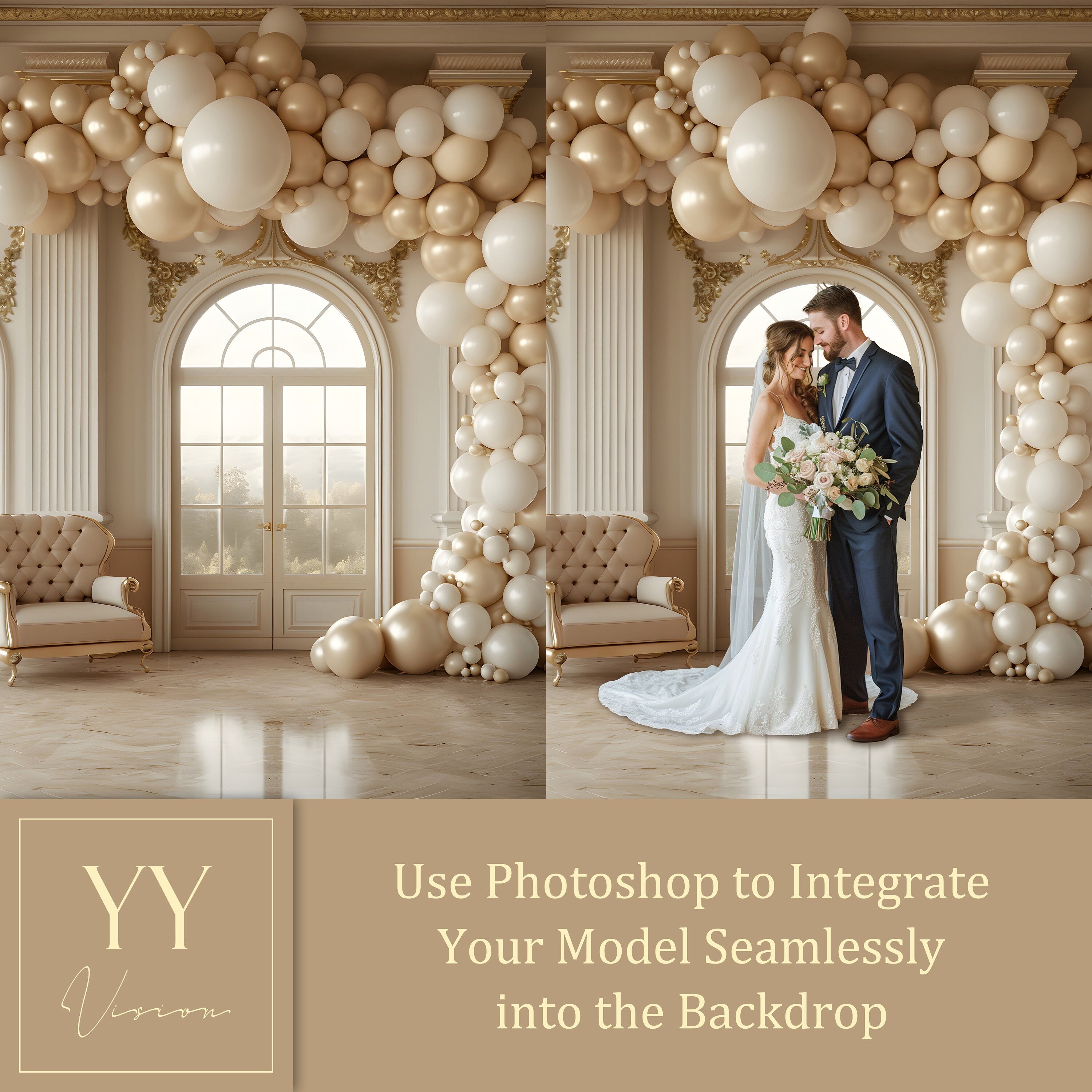 20 Beige Gold Ballon Bogen digitale Hintergründe Sets für Hochzeit Schwangerschaft Fotografie Fine Arts Studio Photoshop Hintergrund