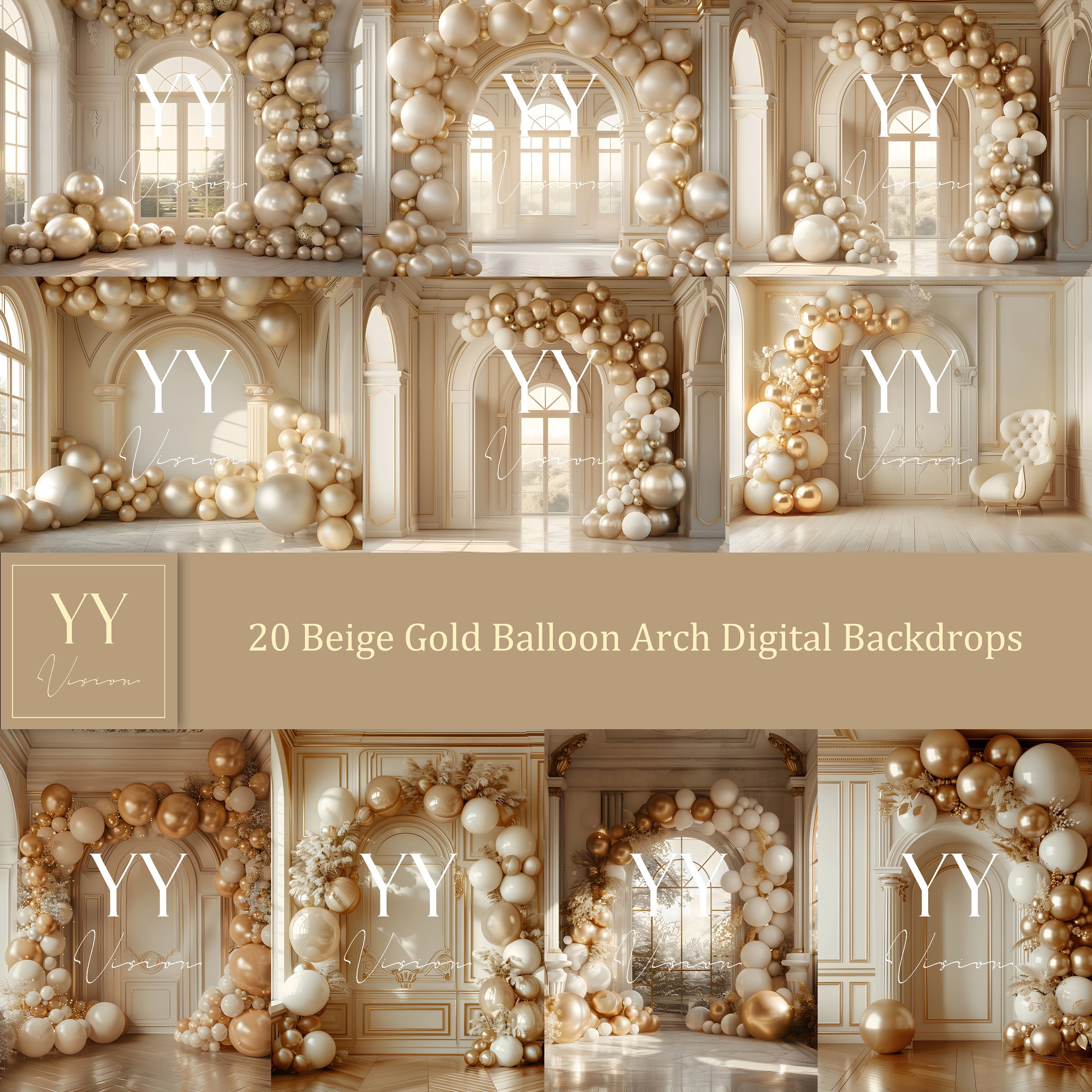 20 Beige Gold Ballon Bogen digitale Hintergründe Sets für Hochzeit Schwangerschaft Fotografie Fine Arts Studio Photoshop Hintergrund