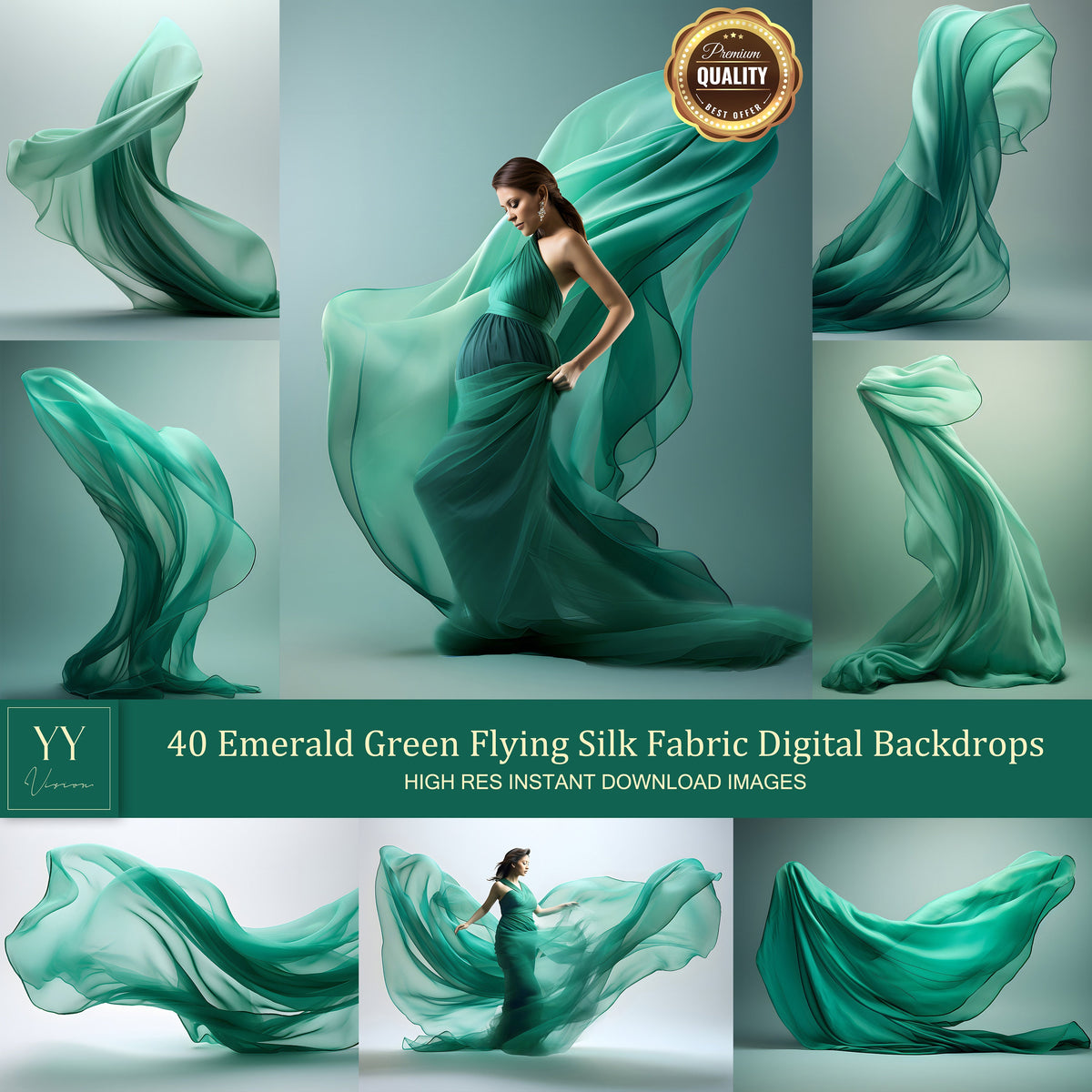 40 Smaragdgrüne fliegende Seidenstoff-Digital-Hintergrund-Sets für Schwangerschaftsfotografie Fine Arts Studio Photoshop-Hintergrund