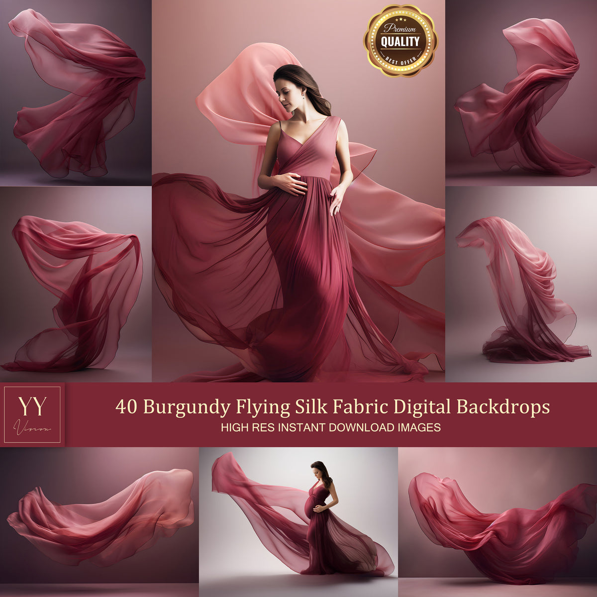 40 Burgundy Flying Silk Fabric Digital Backdrops Sets for Maternity Photography Fine Arts Studio Photoshop Background