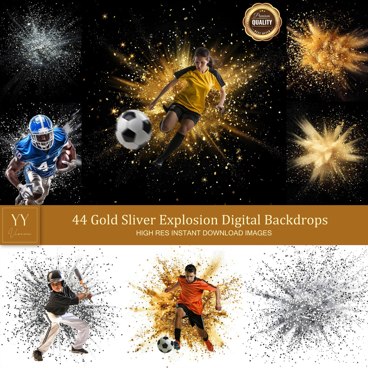 44 Gold Sliver Explosion Portrait Background Digital Backdrops Sets for Actions Sports School Photography