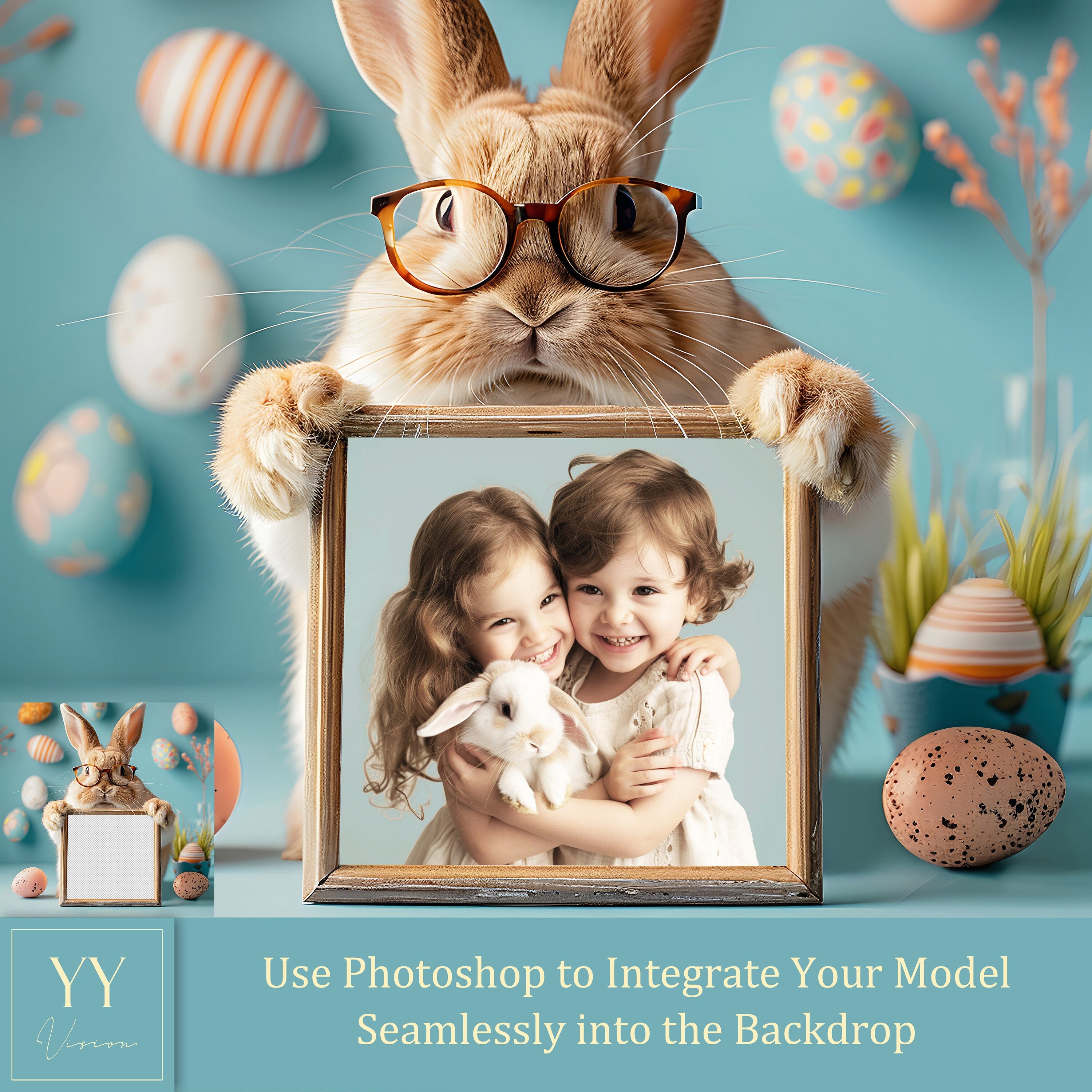 22 Bunny Wearing Glasses Holding Frame Digital Backdrops Sets for Easter Gift Family Kid Photography Fine Arts Background