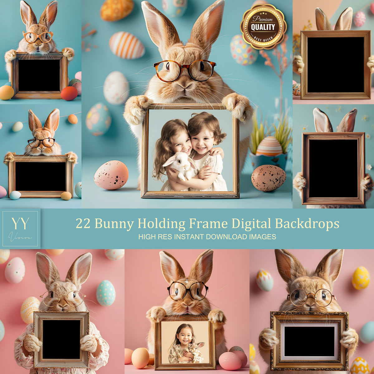 22 Bunny Wearing Glasses Holding Frame Digital Backdrops Sets for Easter Gift Family Kid Photography Fine Arts Background