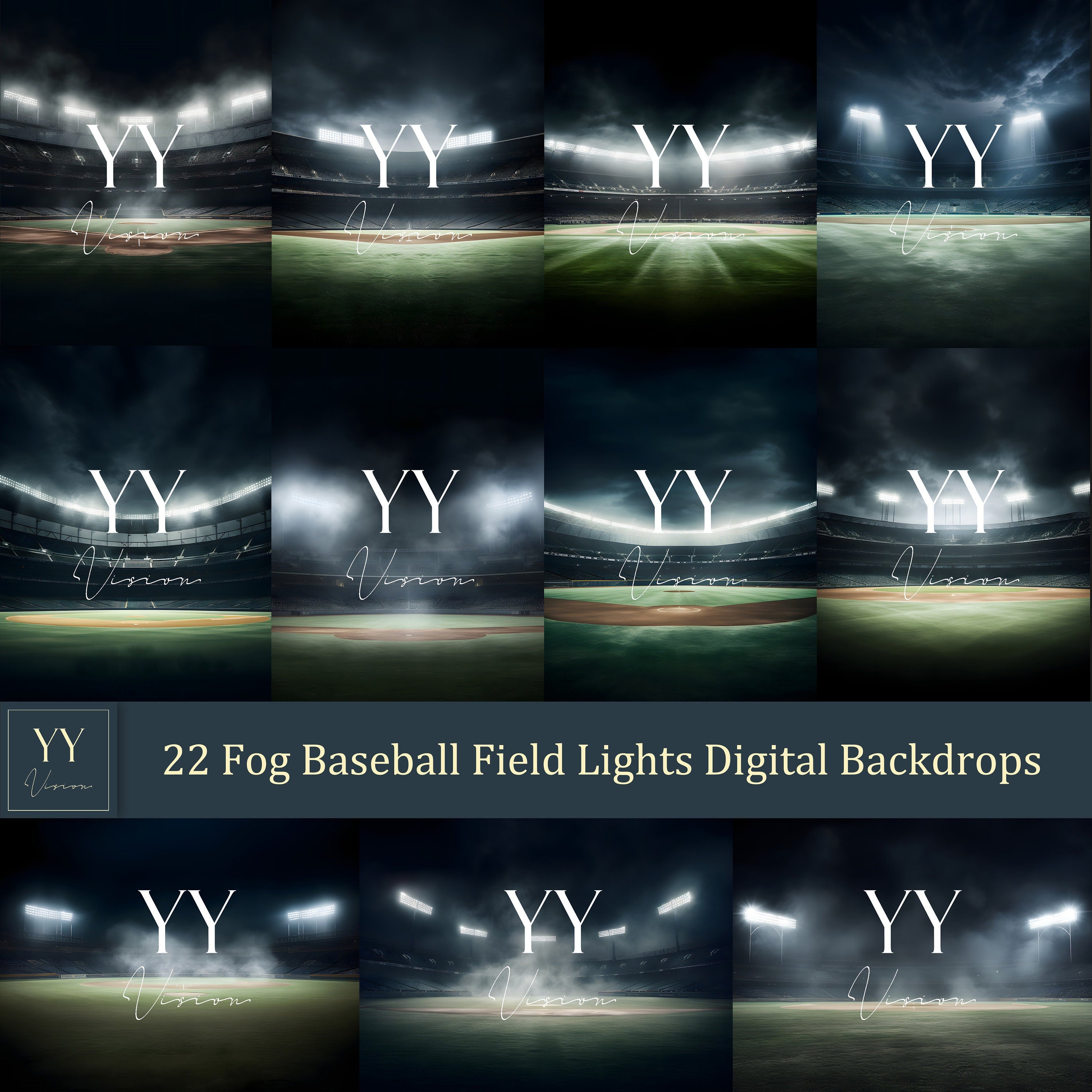 22 Baseball Field Night Digital Backdrops Sets for Sports School Photography Background Portrait Photoshop Editing