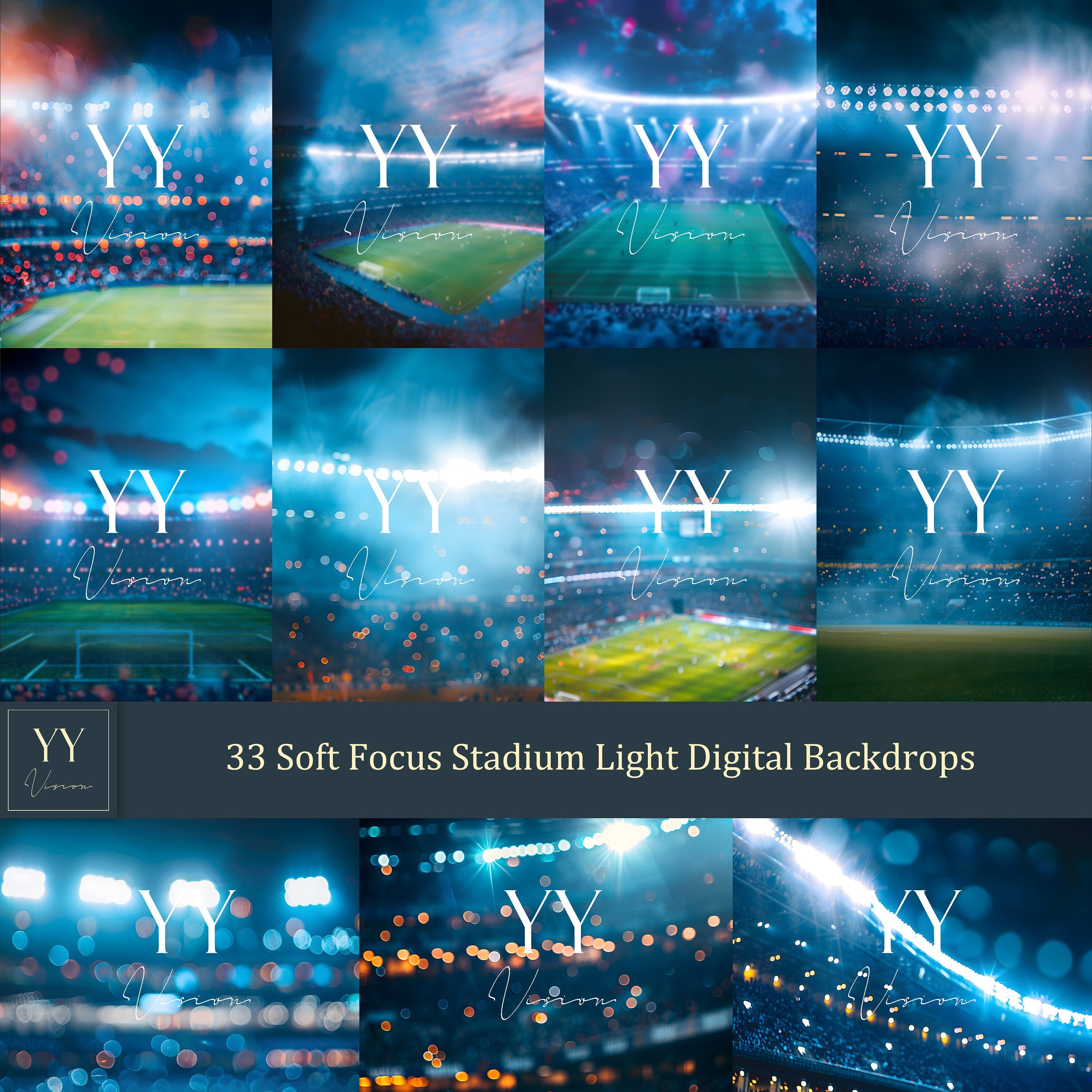 33 Soft Focus Stadium Lights Digital Backdrops Sets for Sports School Holiday Photography Background Portrait Photoshop Editing