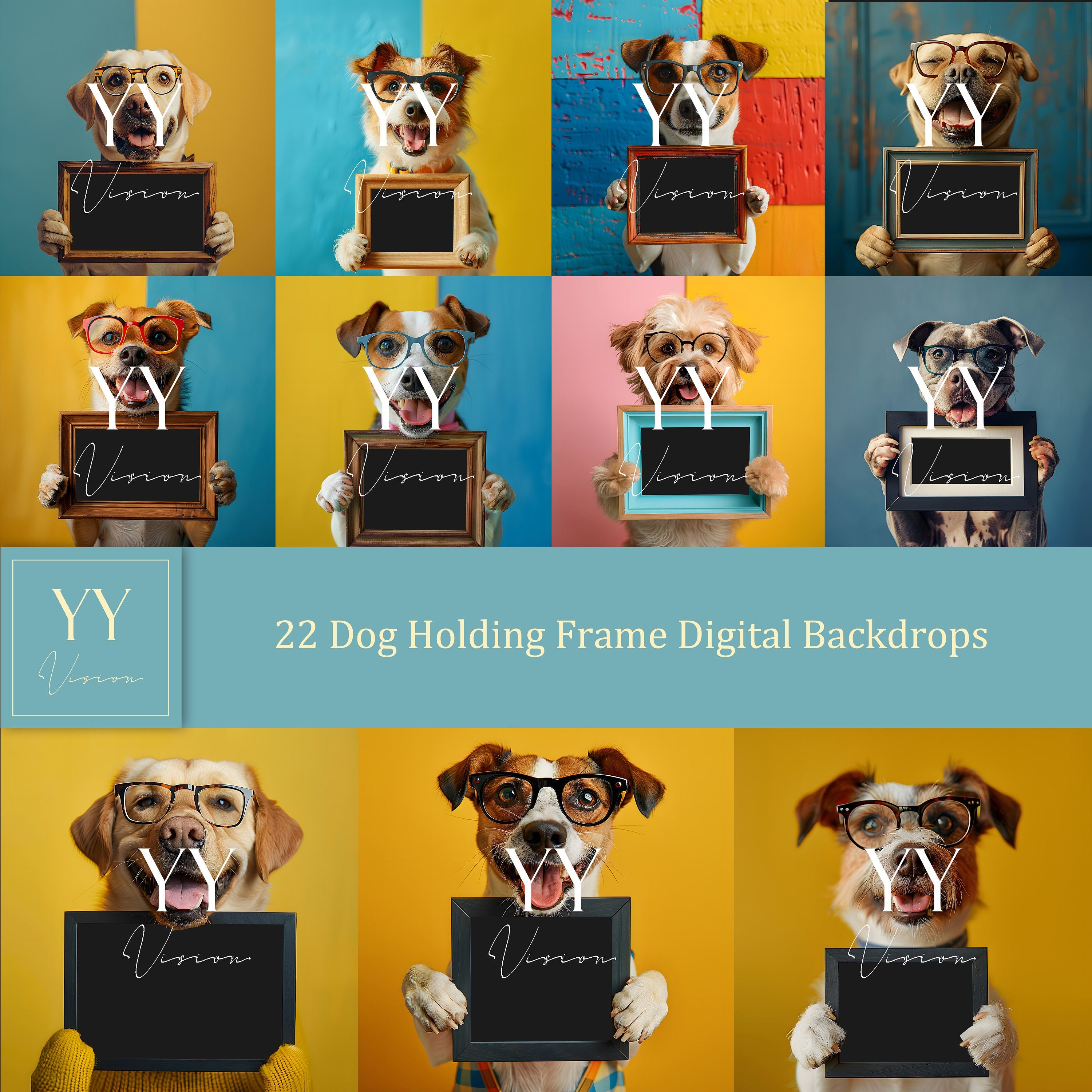 22 Hunde tragen Brillen mit Rahmen Digitale Hintergründe Sets für Haustier Geschenk Familie Kind Fotografie Fine Arts Hintergrund