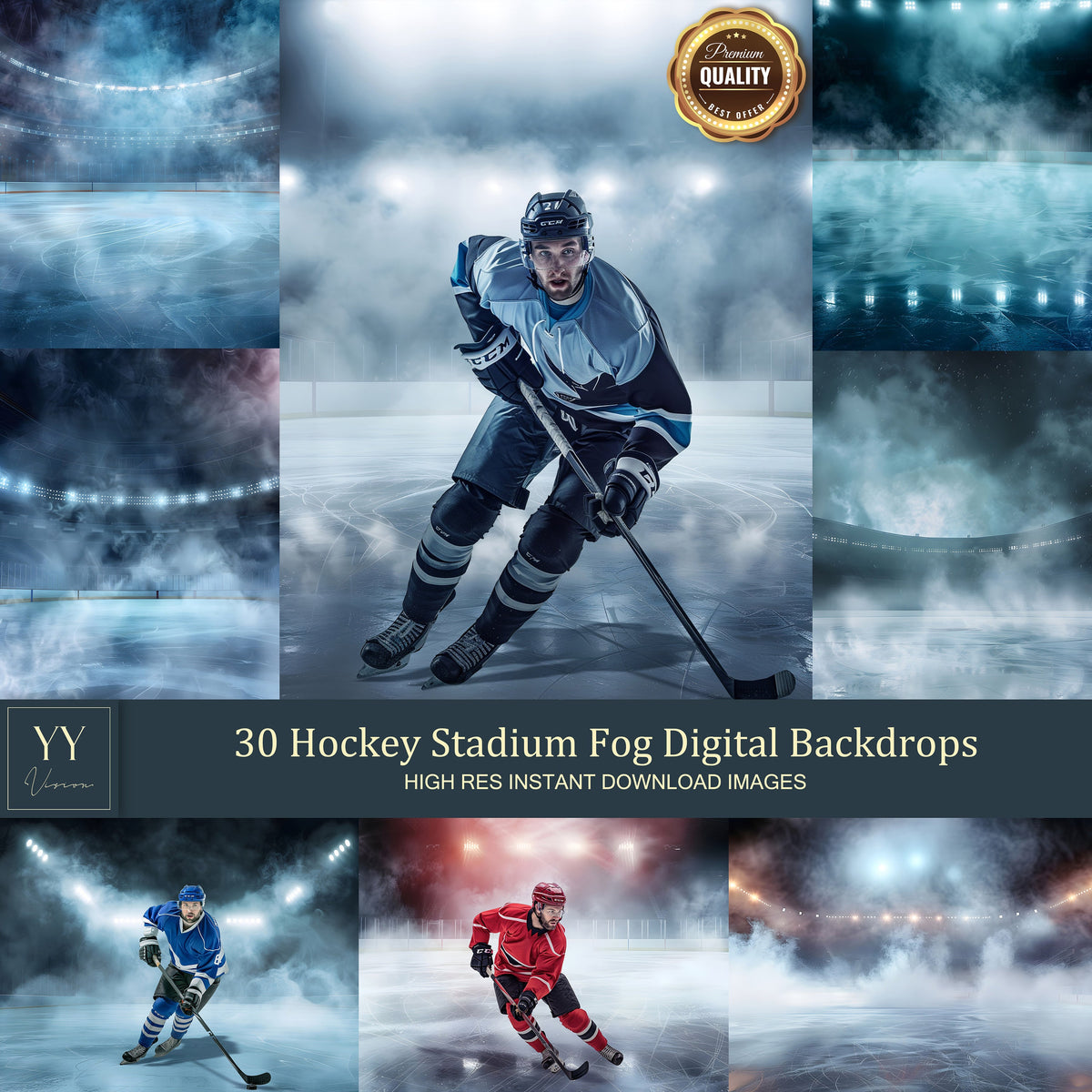 30 Hockey Stadium Fog Digital Backdrops Sets for Sports School Photography Background Portrait Photoshop Editing