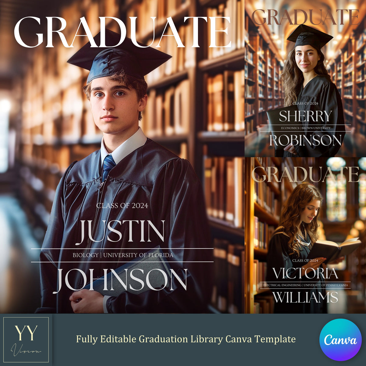 Soft Focus Graduation Library Canva Template for Posters Portraits Customizable Editable Background Text Color