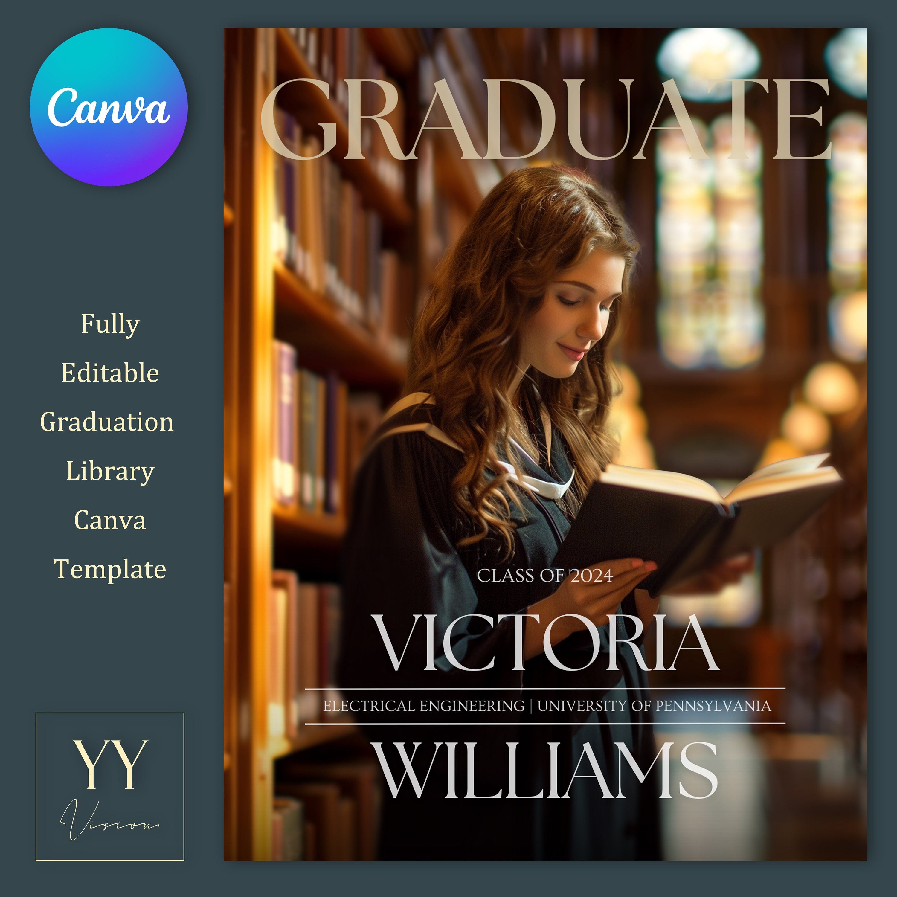 Soft Focus Graduation Library Canva Template for Posters Portraits Customizable Editable Background Text Color