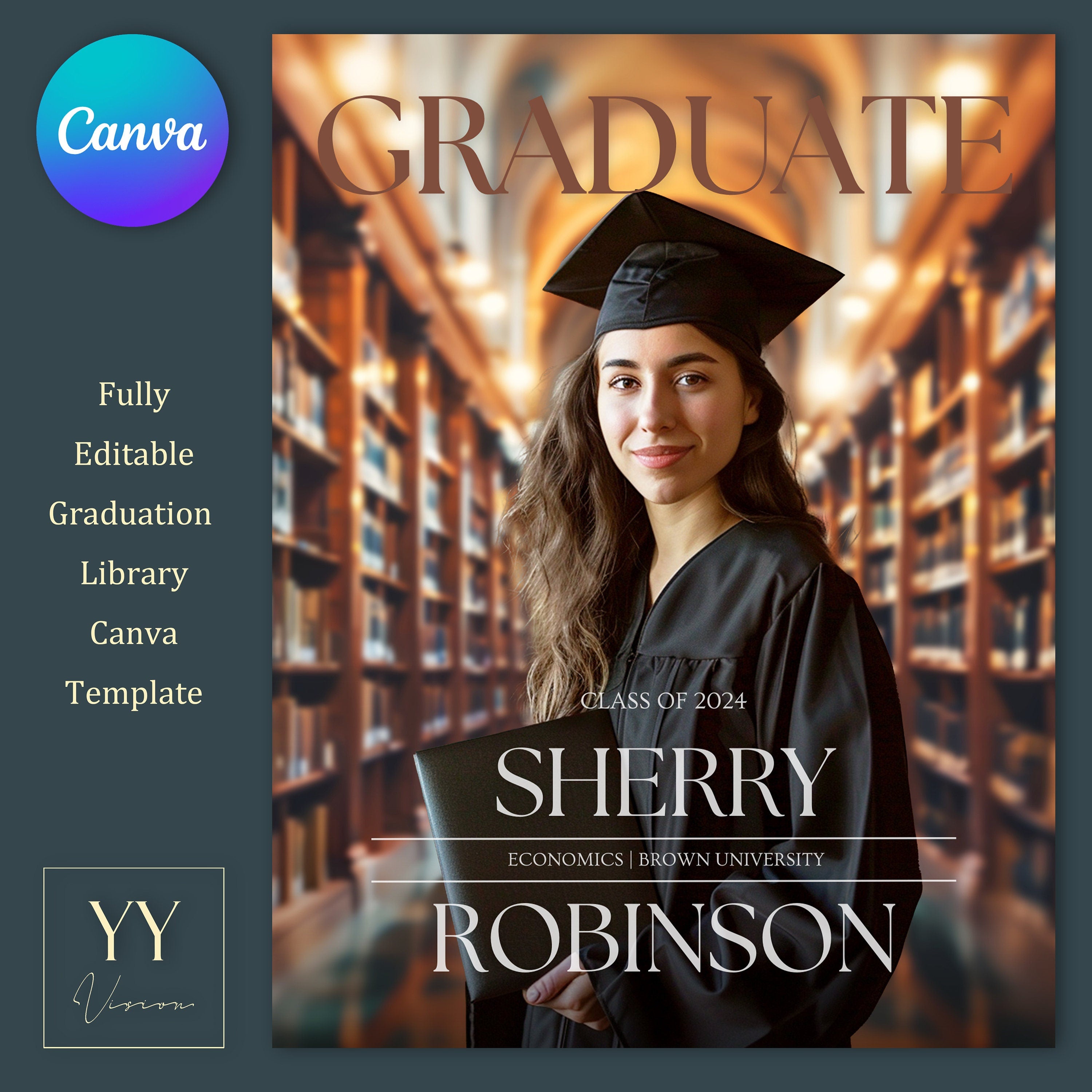 Soft Focus Graduation Library Canva Template for Posters Portraits Customizable Editable Background Text Color