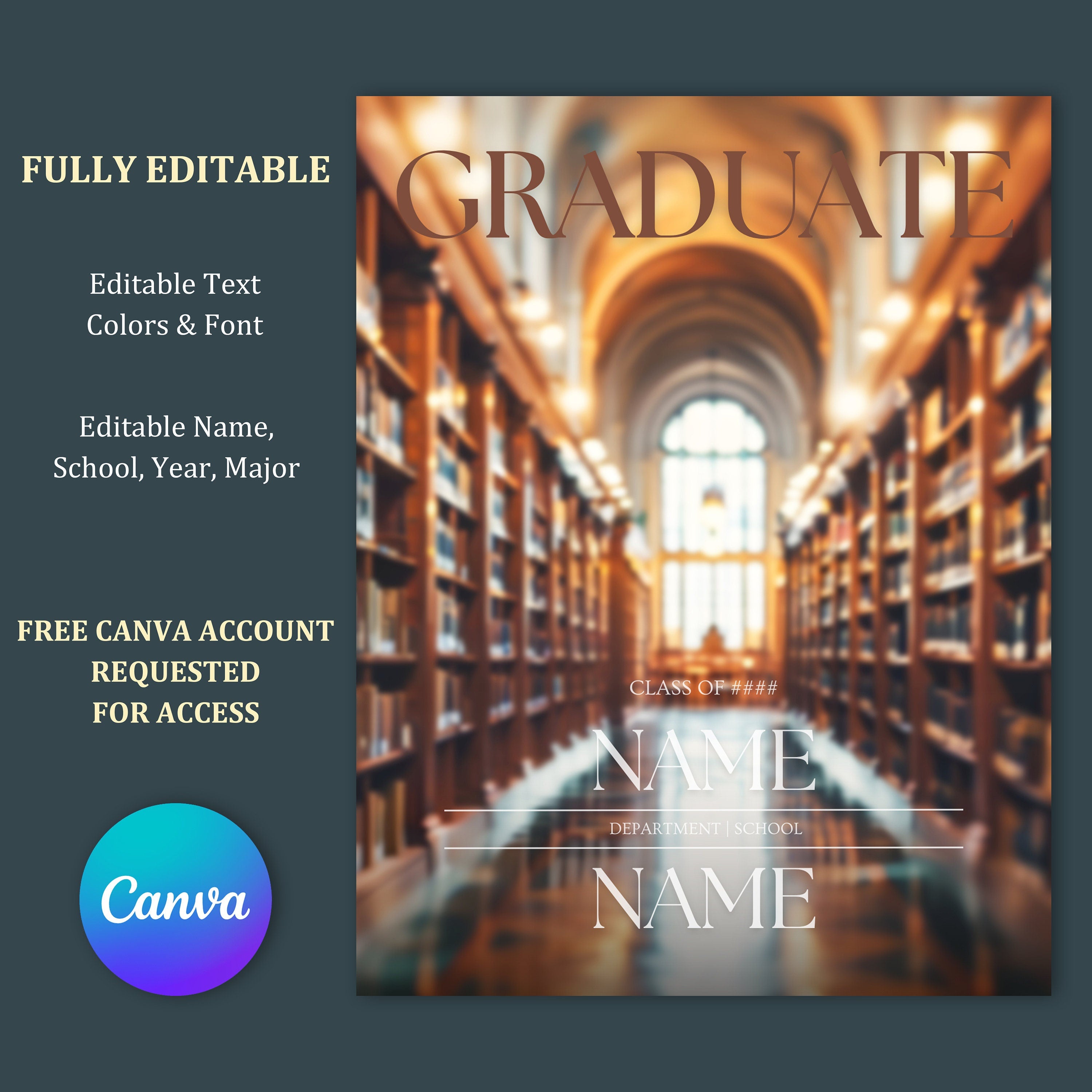 Soft Focus Graduation Library Canva Template for Posters Portraits Customizable Editable Background Text Color