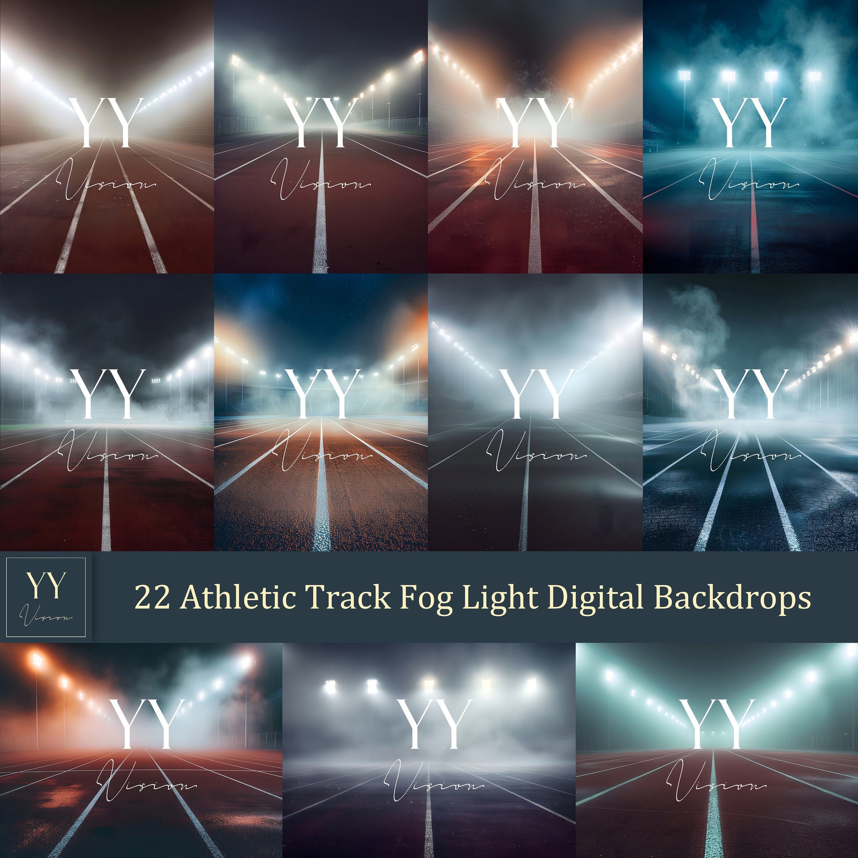 22 Athletic Track Stadium Light Fog Digital Backdrops Sets for Sports School Photography Background Portrait Photoshop Editing