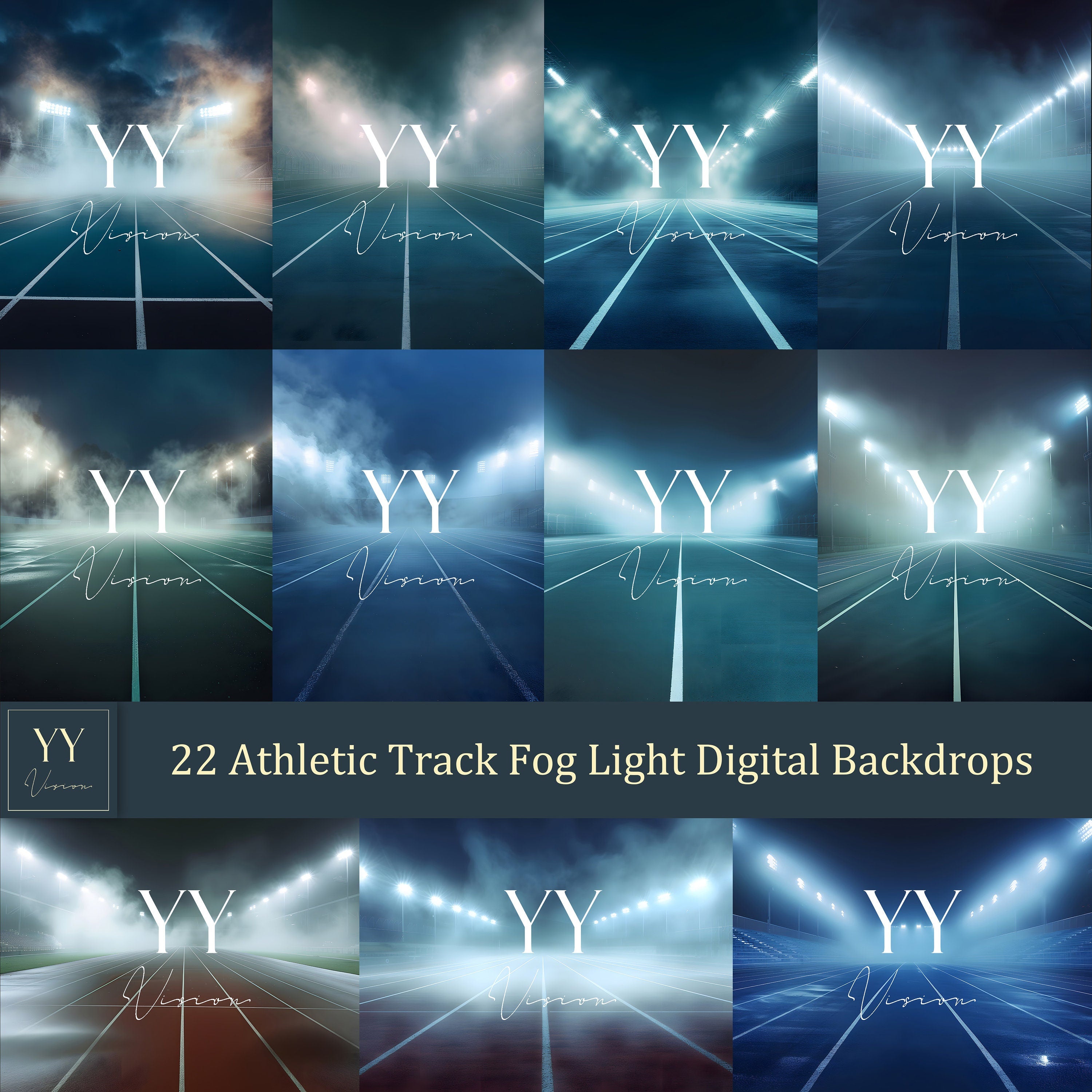 22 Athletic Track Stadium Light Fog Digital Backdrops Sets for Sports School Photography Background Portrait Photoshop Editing