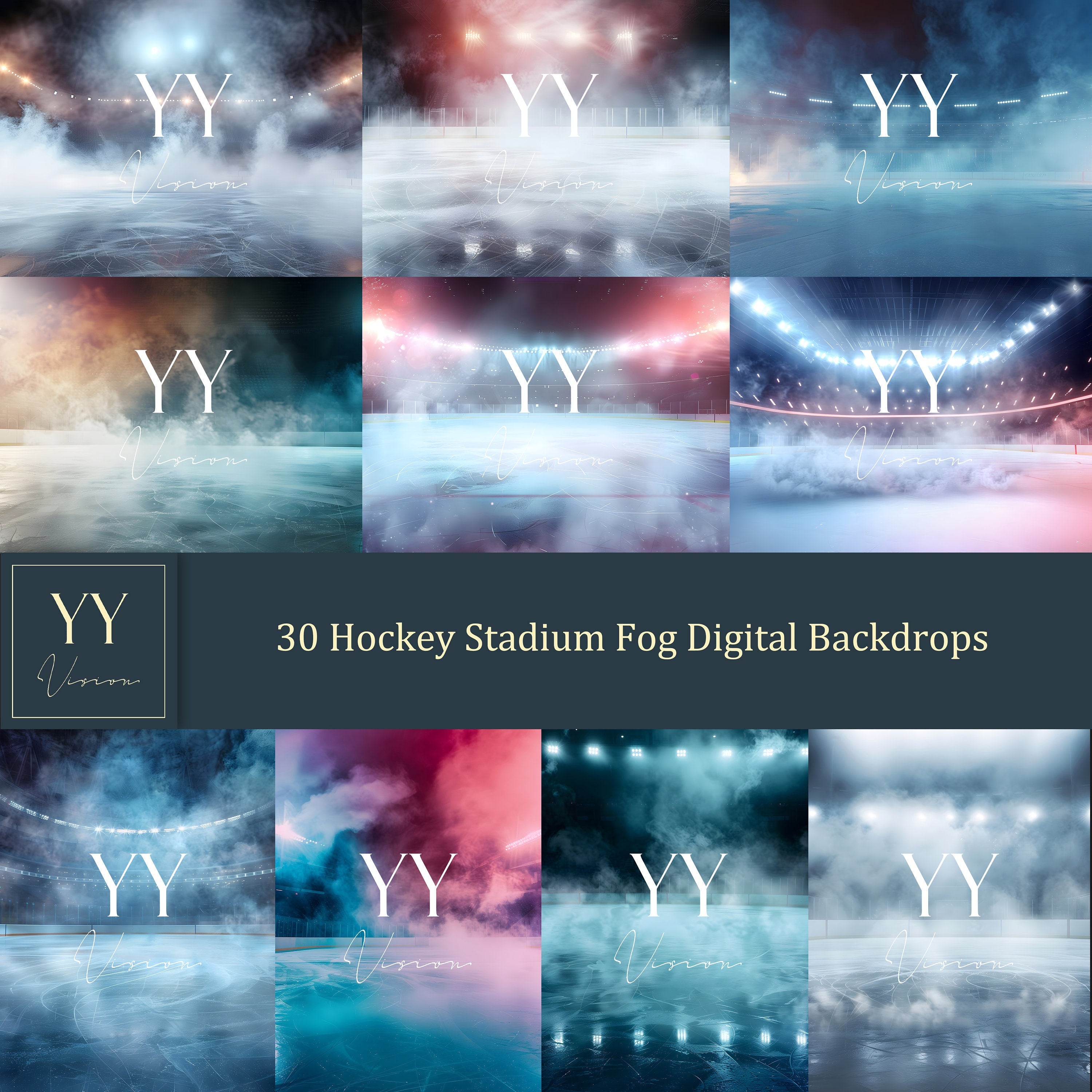 30 Hockey Stadium Fog Digital Backdrops Sets for Sports School Photography Background Portrait Photoshop Editing