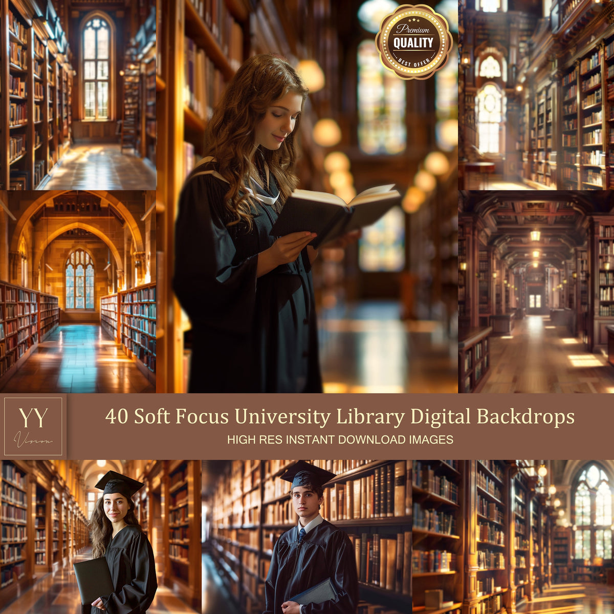 40 Soft Focus Graduation Library Digital Backdrops Sets for University College Graduation Yearbook Photography