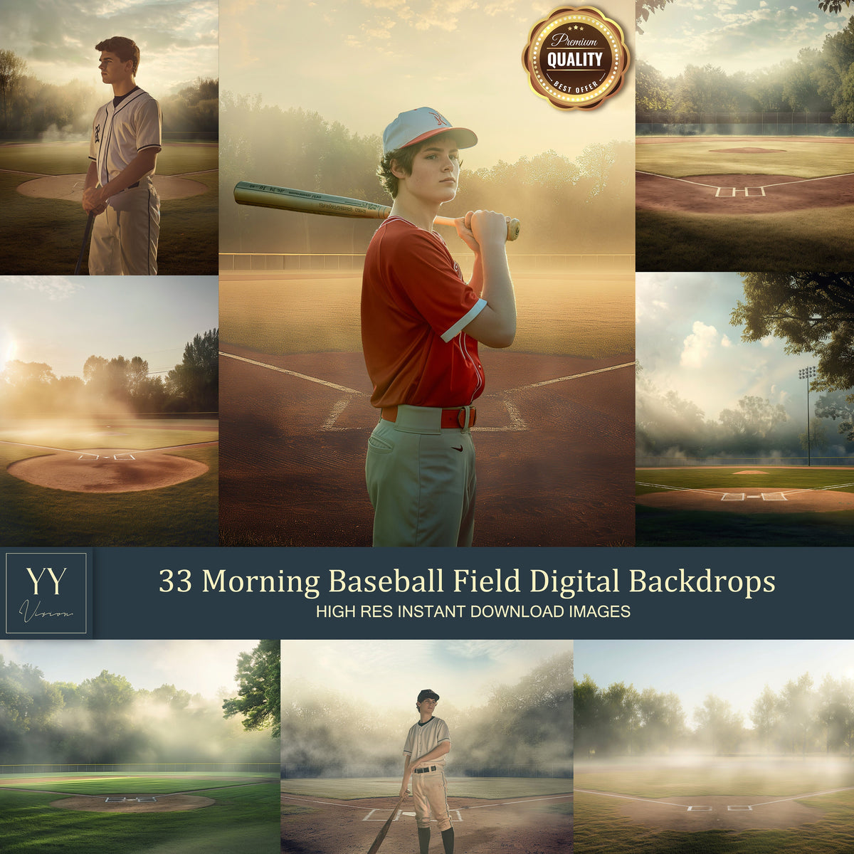 33 Morning Baseball Field Digital Backdrops Sets for Sports School Holiday Photography Background Portrait Photoshop Editing