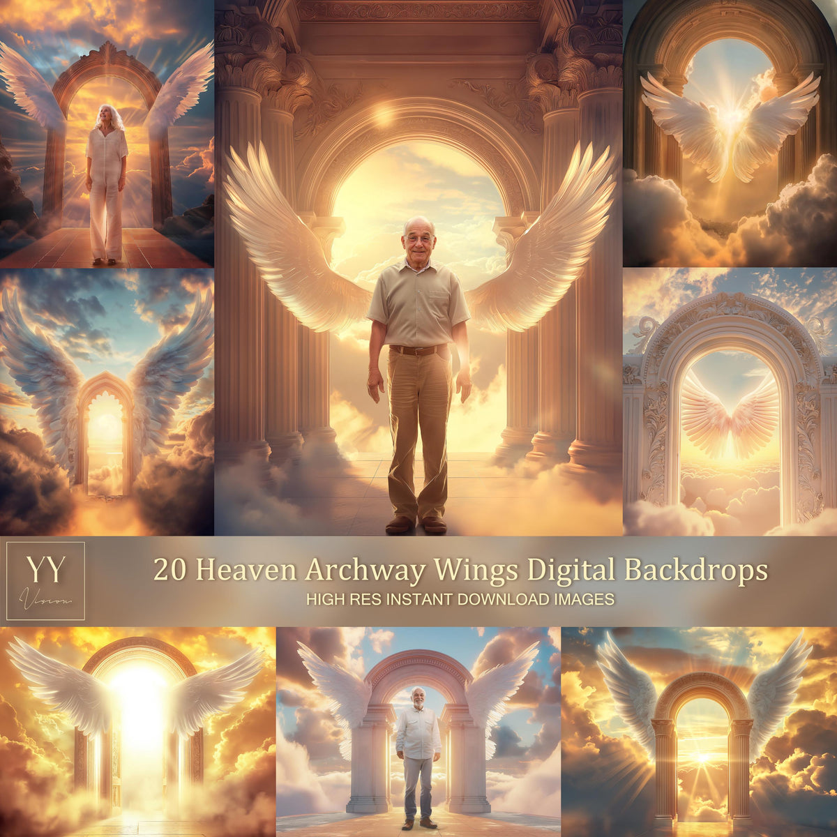 20 Heaven Arch Wings Digital Backdrops Sets for In Loving Memory Heavenly Memorial Background