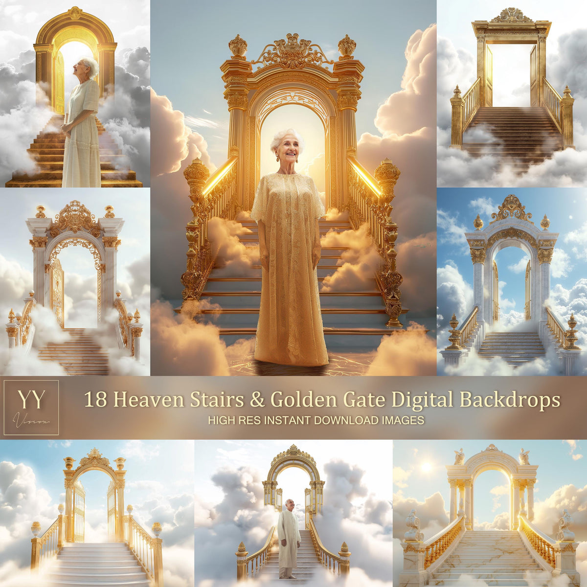 18 Heaven Stairs and Golden Gate Digital Backdrops Sets for In Loving Memory Heavenly Memorial Background