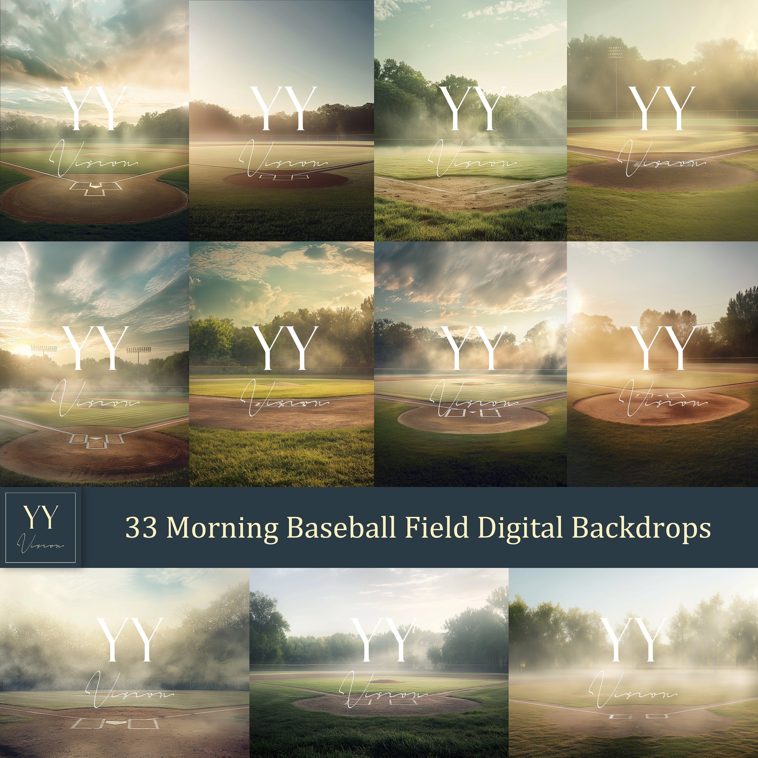 33 Morning Baseball Field Digital Backdrops Sets for Sports School Holiday Photography Background Portrait Photoshop Editing