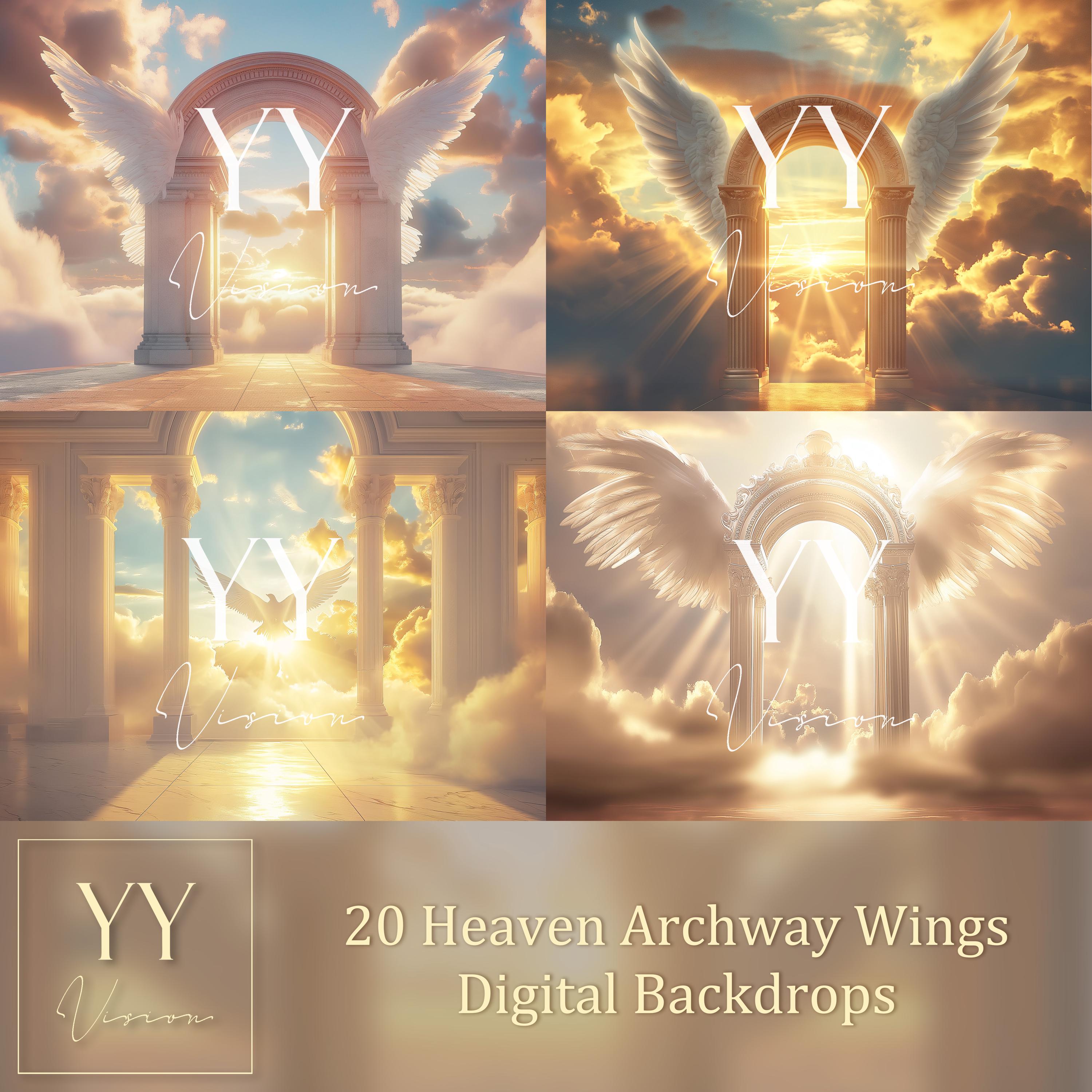 20 Heaven Arch Wings Digital Backdrops Sets for In Loving Memory Heavenly Memorial Background