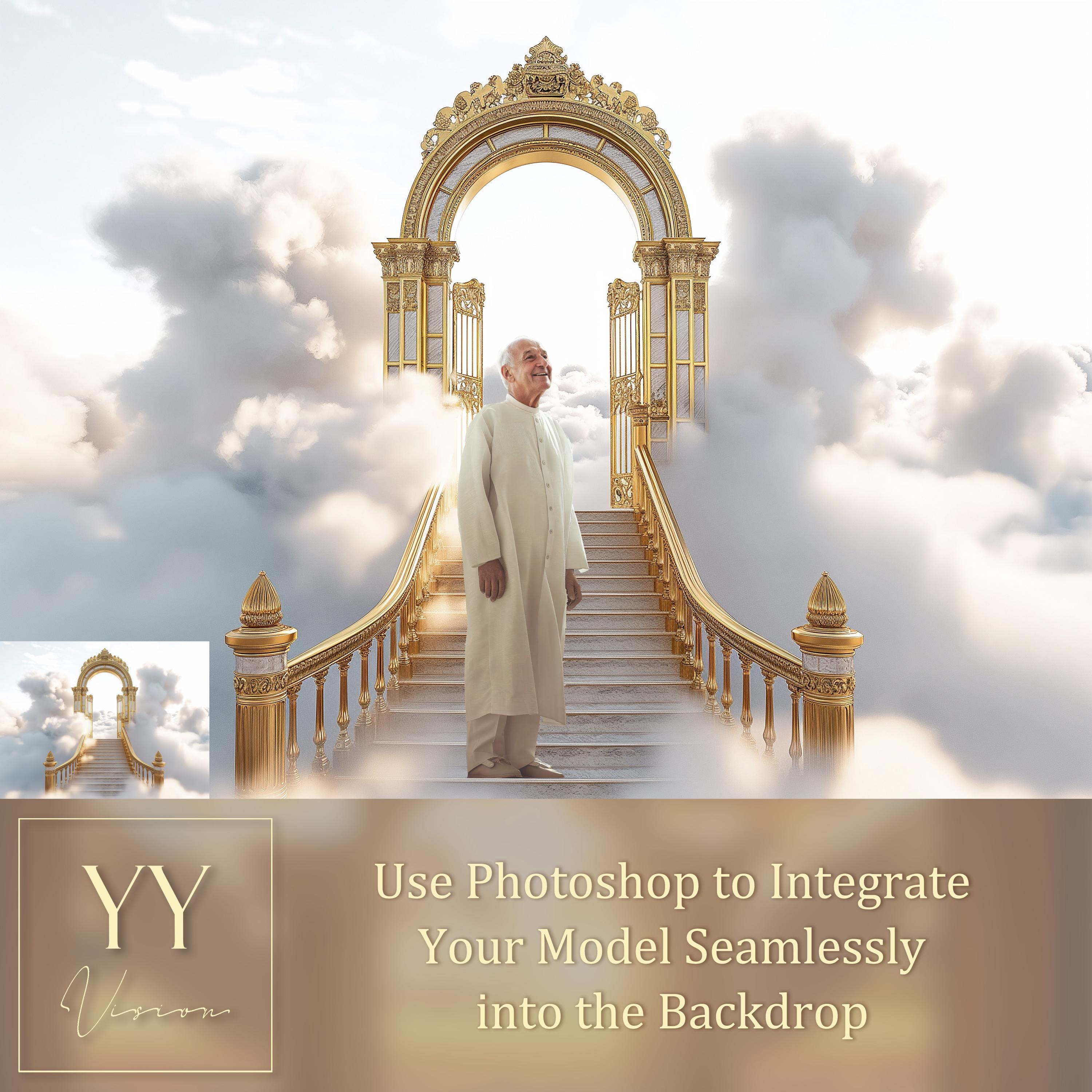 18 Heaven Stairs and Golden Gate Digital Backdrops Sets for In Loving Memory Heavenly Memorial Background