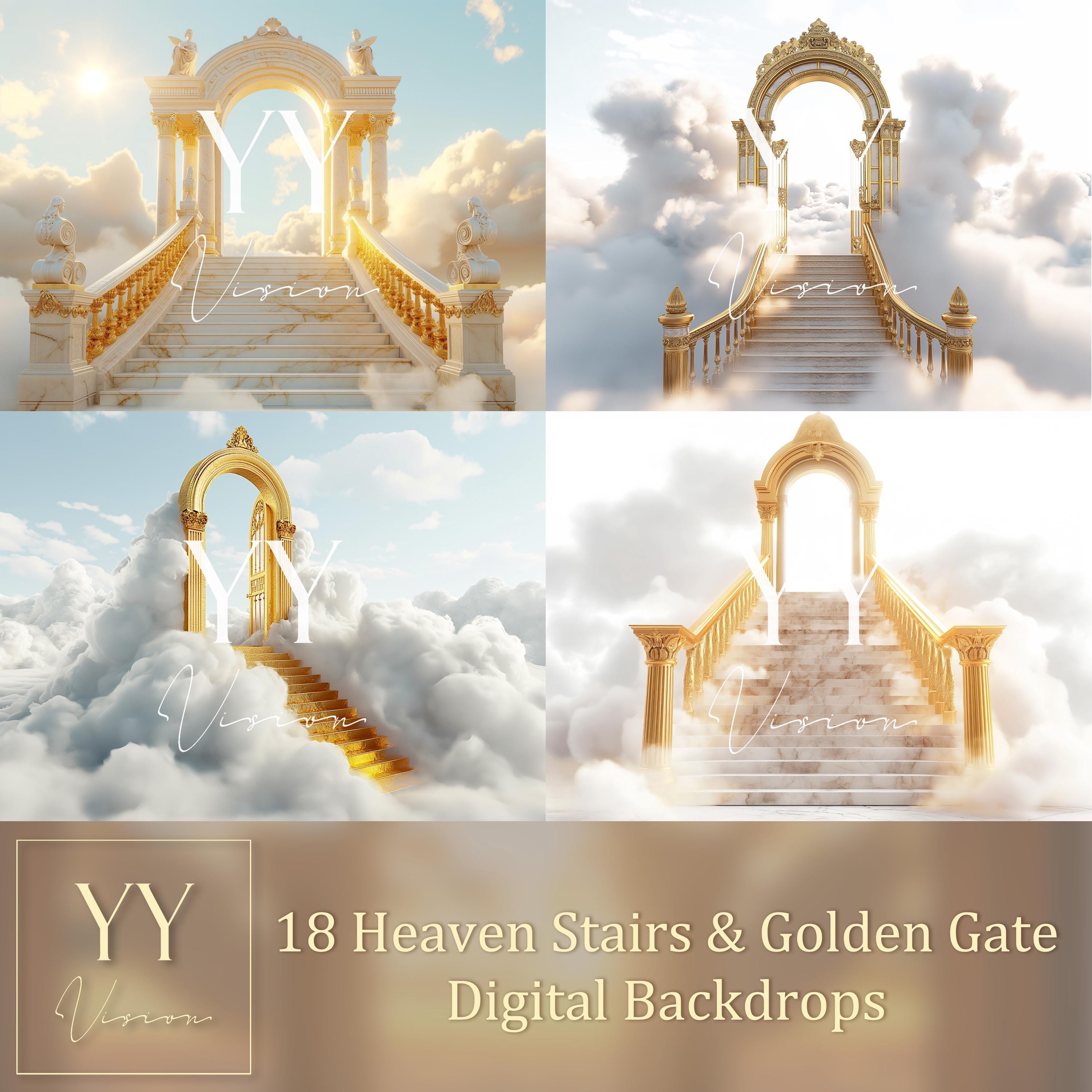 18 Heaven Stairs and Golden Gate Digital Backdrops Sets for In Loving Memory Heavenly Memorial Background