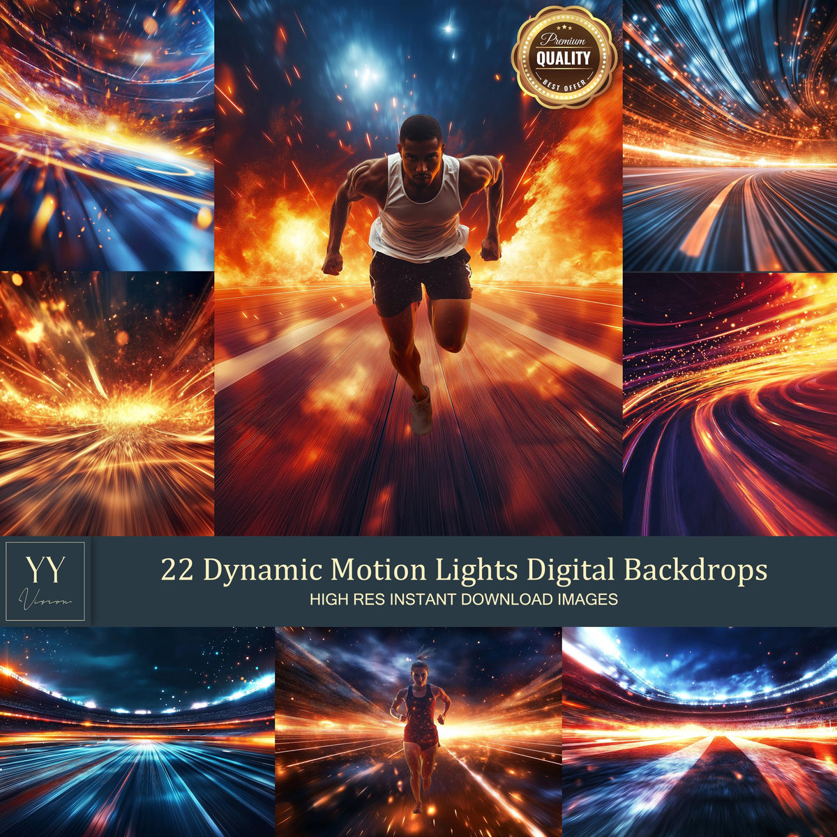 22 Dynamic Motion Lights Fog Digital Backdrops Sets for Sports School Photography Background Portrait Photoshop Canva Editing