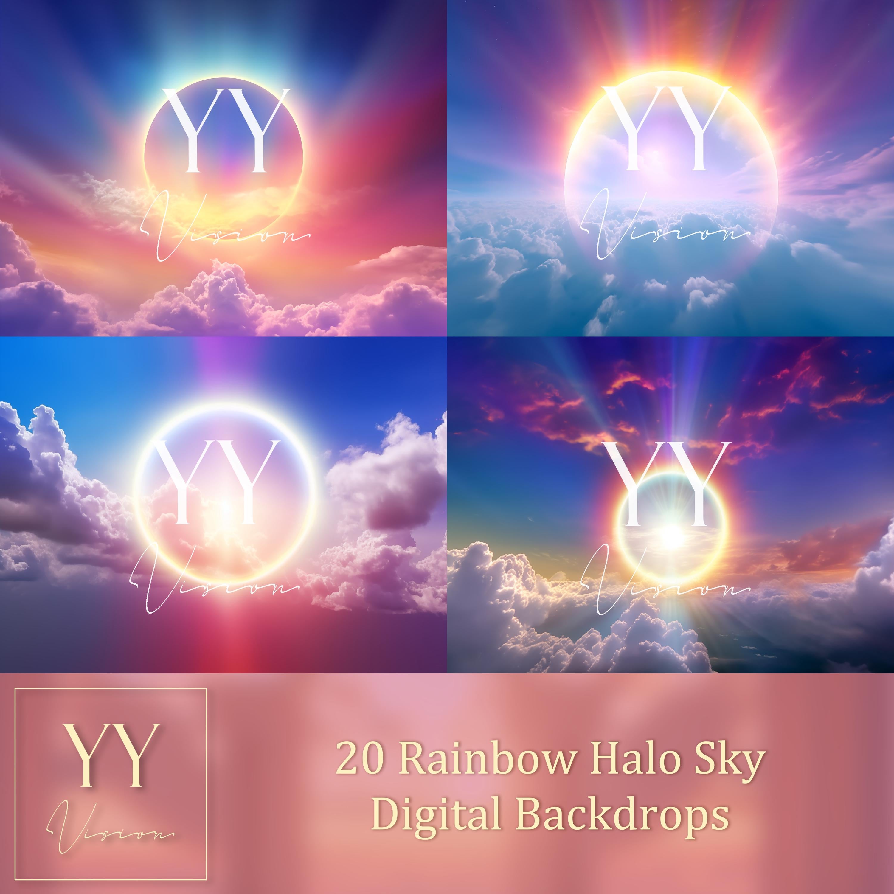 20 Rainbow Halo Digital Backdrops Sets for In Loving Memory Heavenly Memorial Background Photoshop Canva Editing