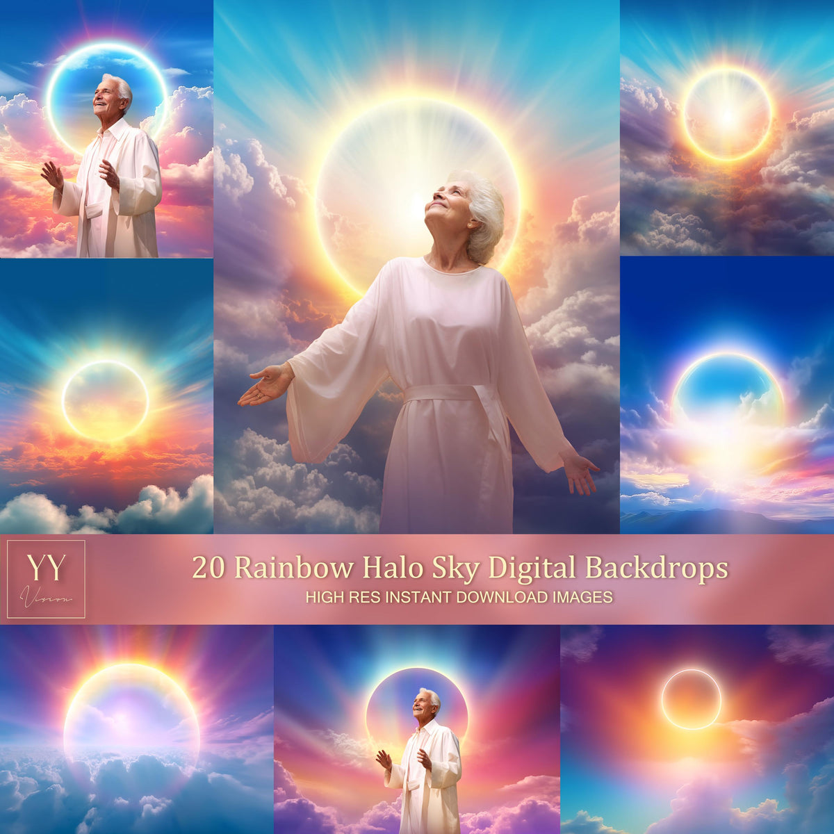 20 ensembles de toiles de fond numériques Rainbow Halo pour l'arrière-plan commémoratif céleste In Loving Memory Photoshop Canva Editing