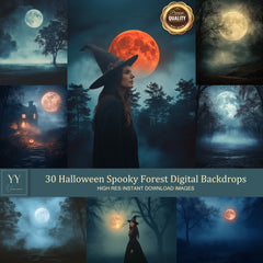 30 Halloween Full Moon Spooky Forest Night Digital Backdrops Sets for Holiday Kids Photography Fine Arts Studio Photoshop Background