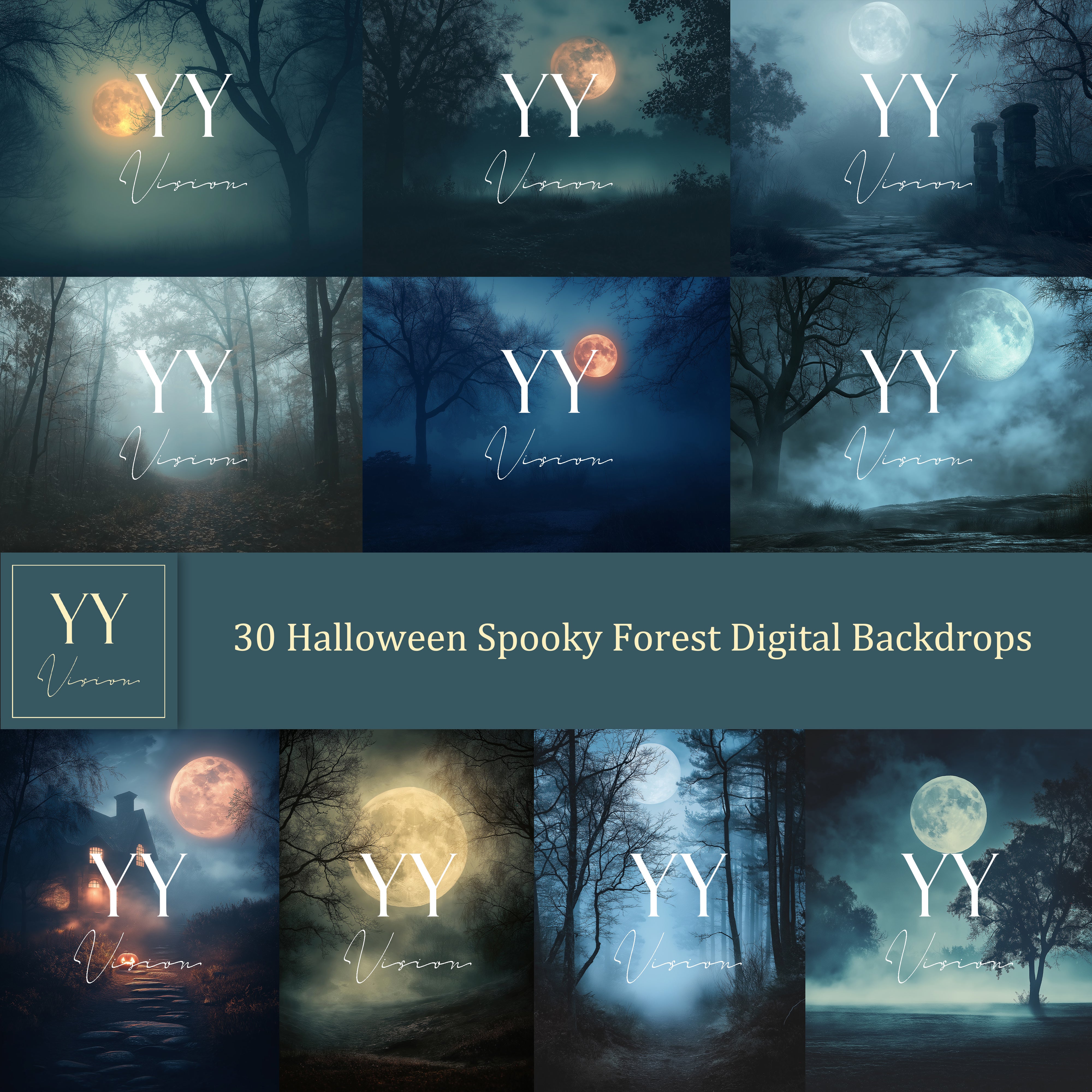 30 Halloween Full Moon Spooky Forest Night Digital Backdrops Sets for Holiday Kids Photography Fine Arts Studio Photoshop Background