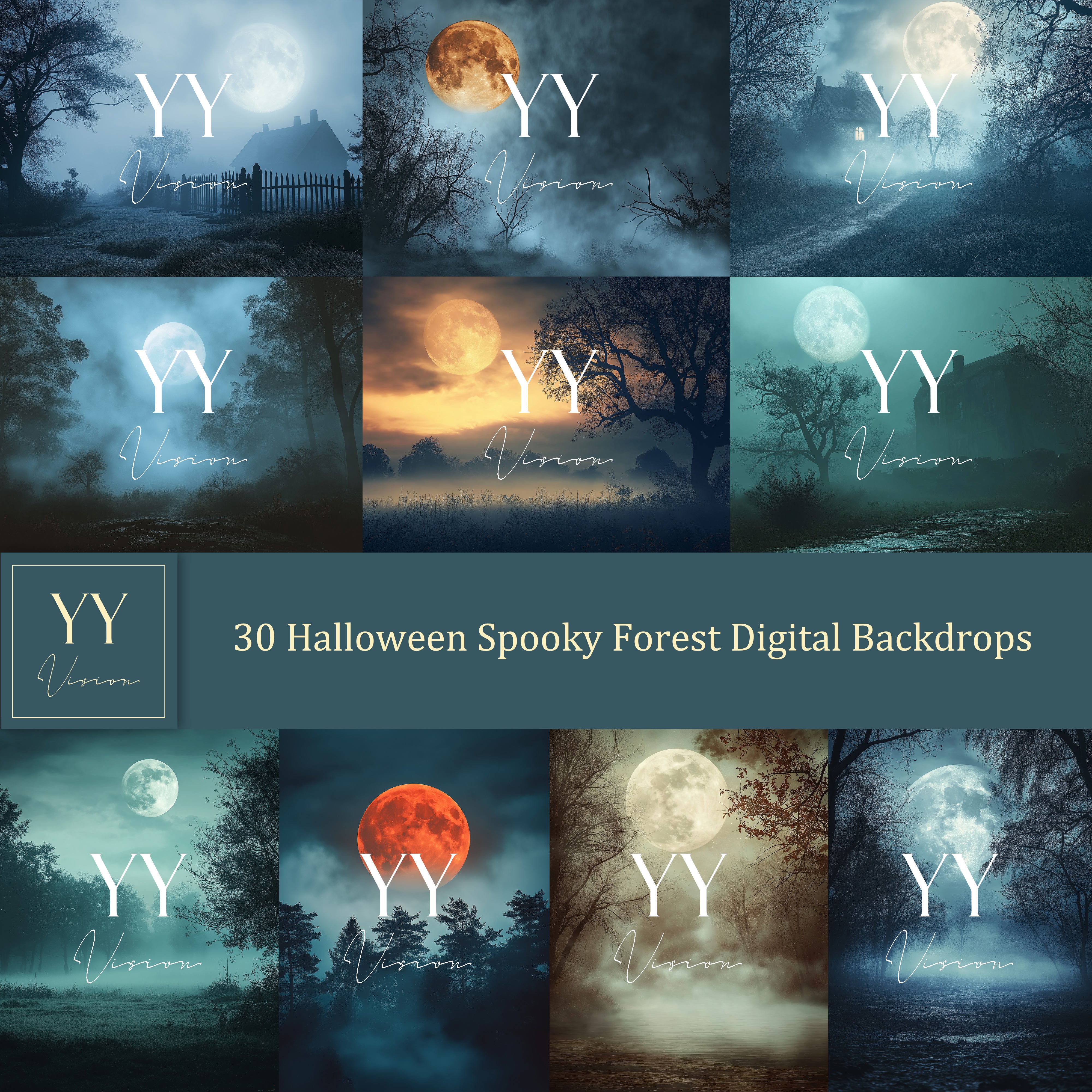 30 Halloween Full Moon Spooky Forest Night Digital Backdrops Sets for Holiday Kids Photography Fine Arts Studio Photoshop Background