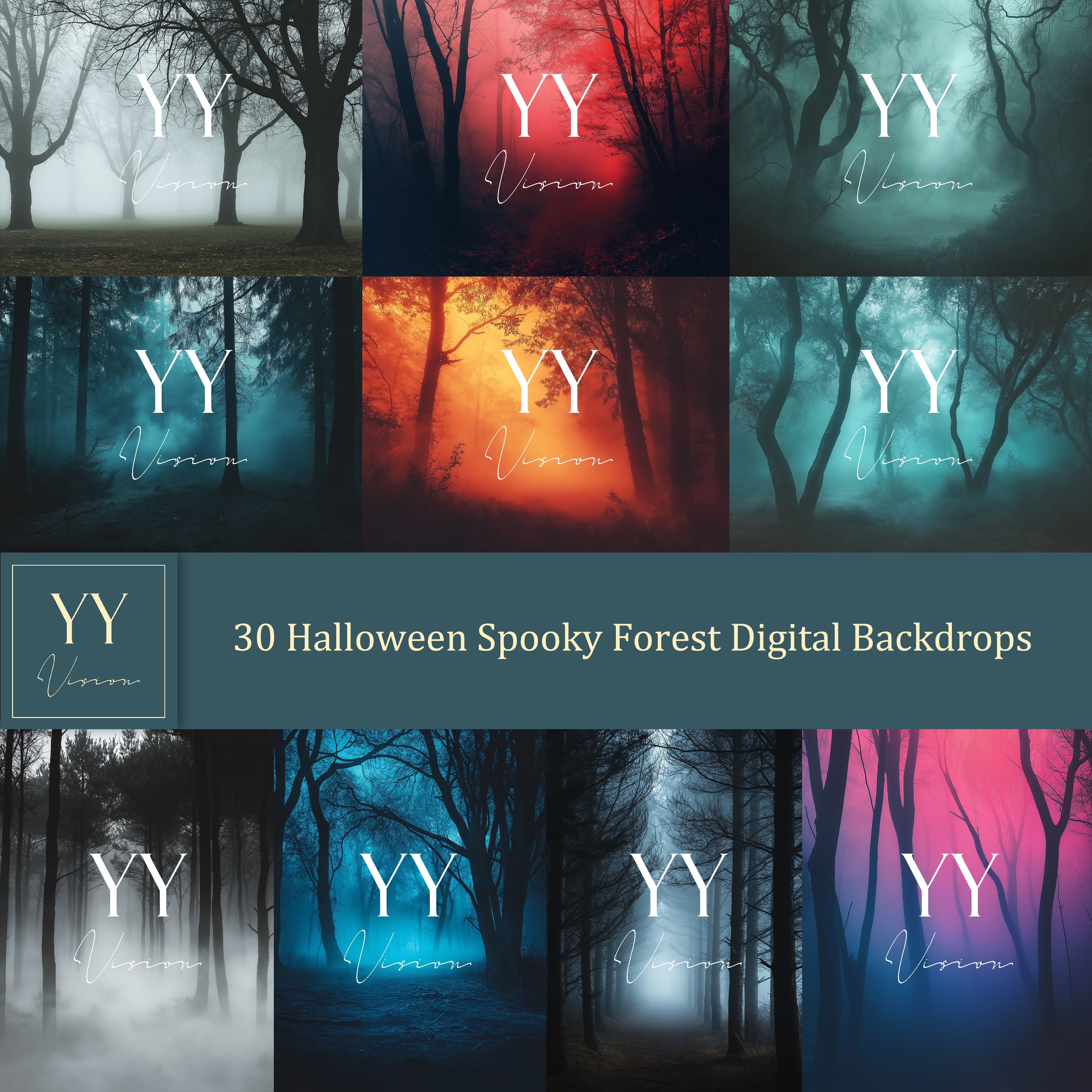 30 Halloween Full Moon Spooky Forest Night Digital Backdrops Sets for Holiday Kids Photography Fine Arts Studio Photoshop Background